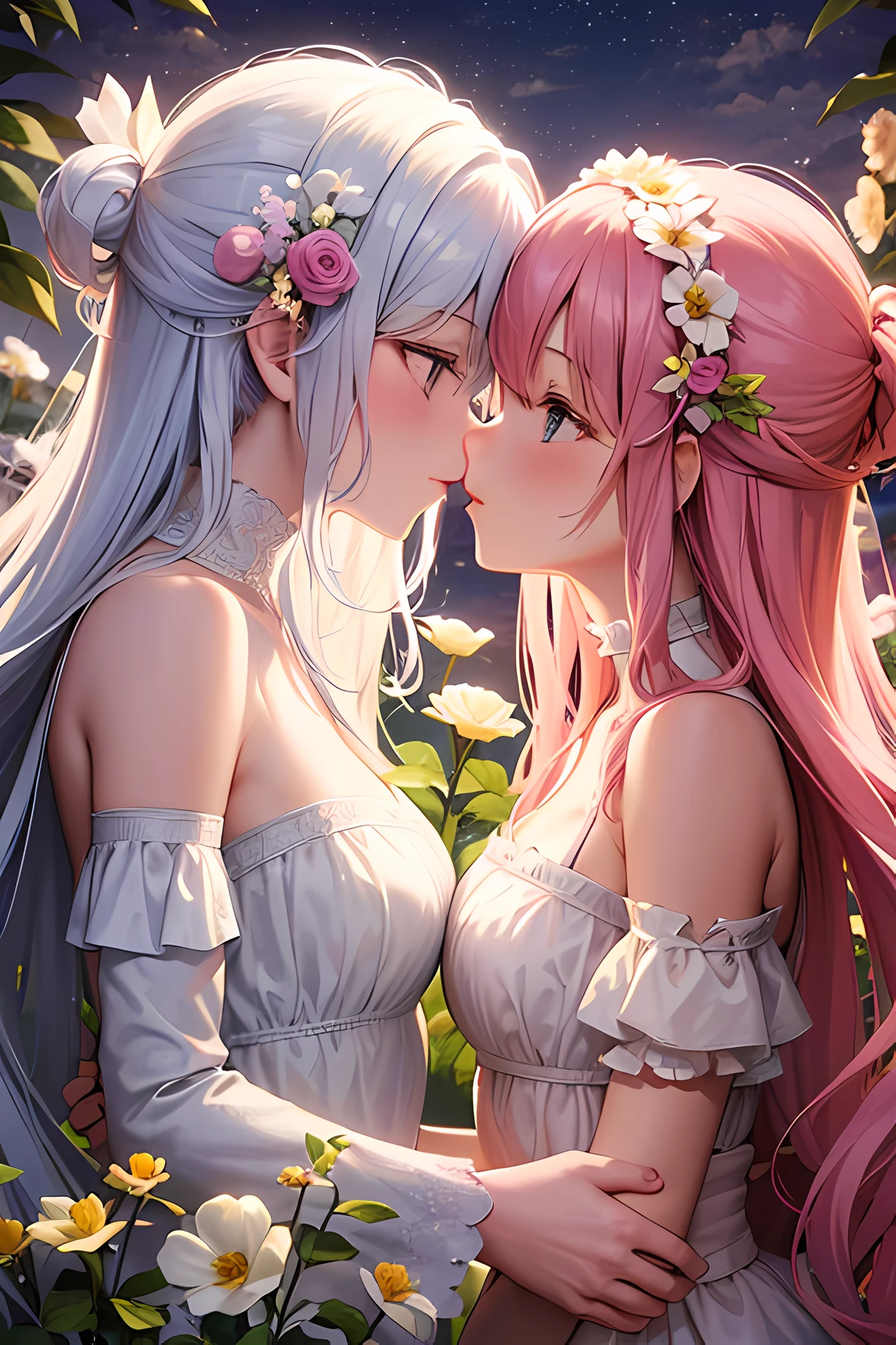 Two girls, taller girl on the right side，tall white hair, pink hair, long hair, Hold each other，The two bodies are close together，Kiss，flower garden, glowing flower, night, cute