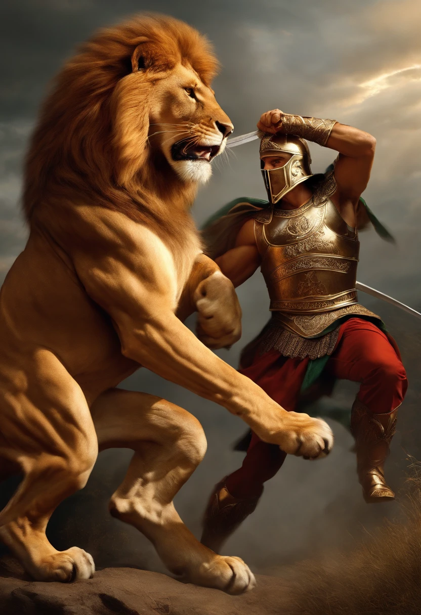 spartan fighting a lion