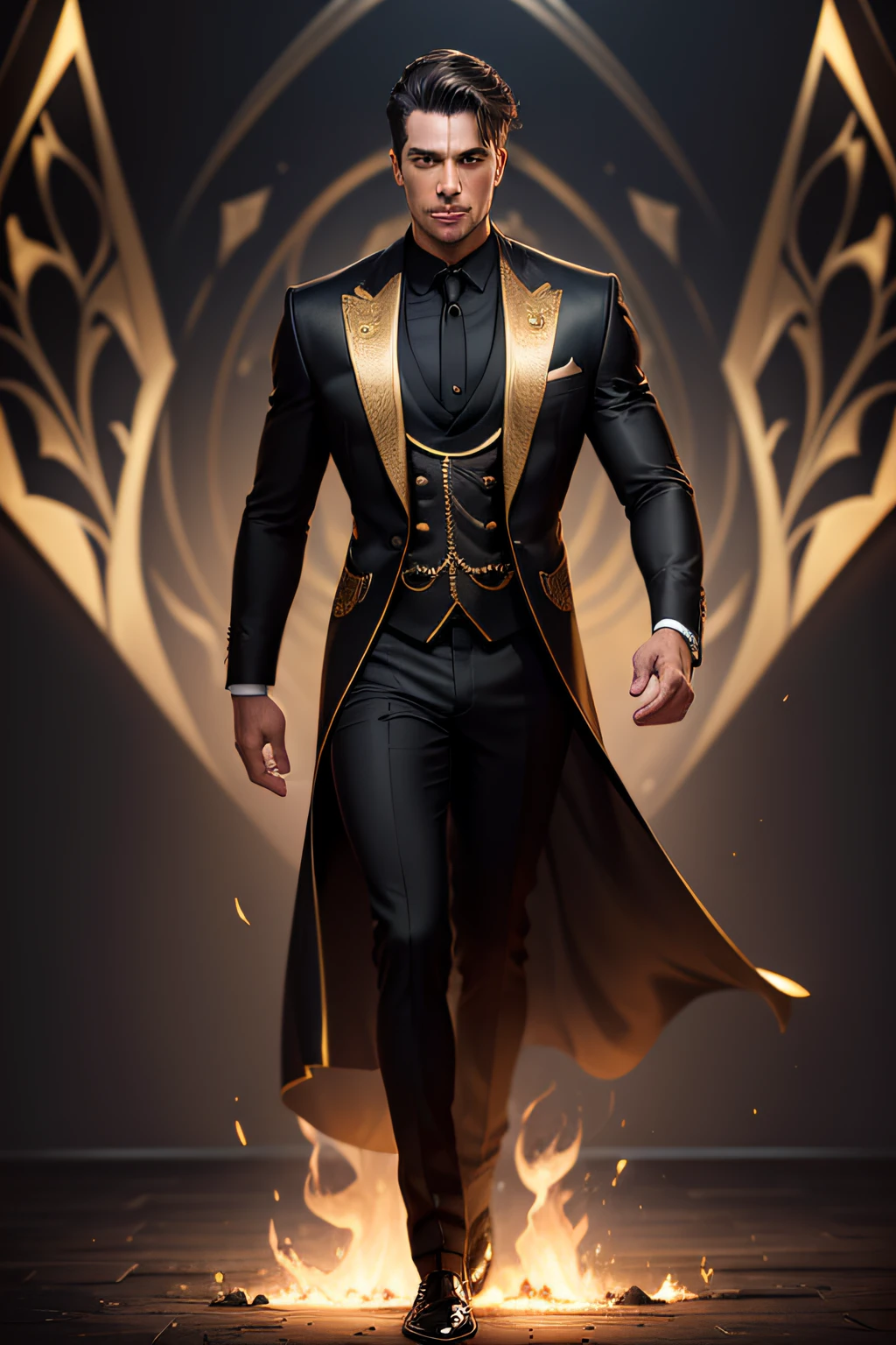 Portrait photo of a handsome man full body photo, black and gold suit, elegant pose, sharp focus, soft lighting, masterpiece, super realistic detailed photo, dense red smoke in the background, high resolution, superior quality, award-winning photo