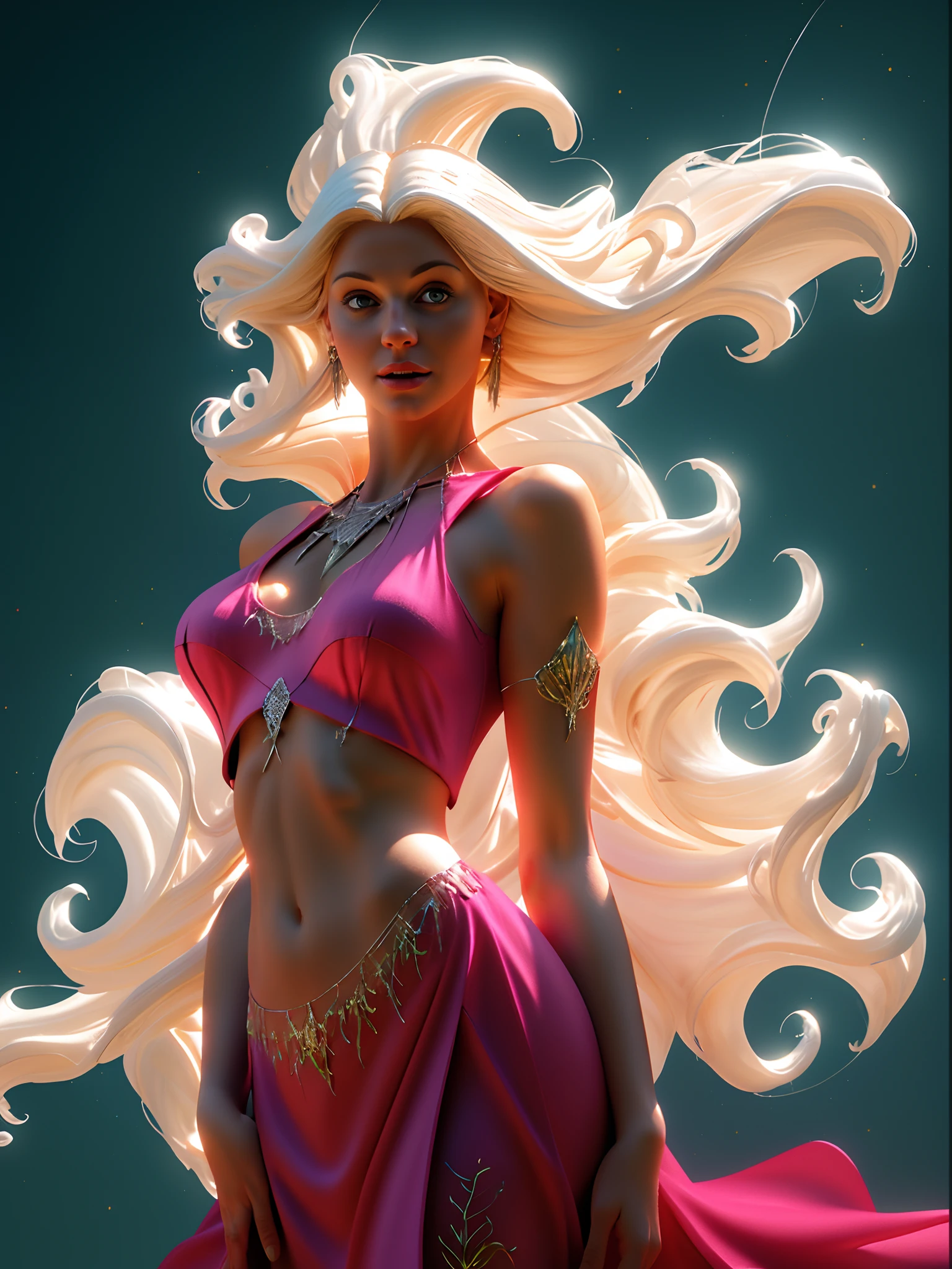 blond woman with white hair and glowing lights in a pink dress, beautiful digital artwork, fantasy gorgeous lighting, gorgeous digital art, stunning digital illustration, digital fantasy art ), 3 d render character art 8 k, a stunning young ethereal figure, 4k highly detailed digital art, ethereal fantasy, very beautiful digital art, beautiful digital art, fantasy digital art, digital fantasy art