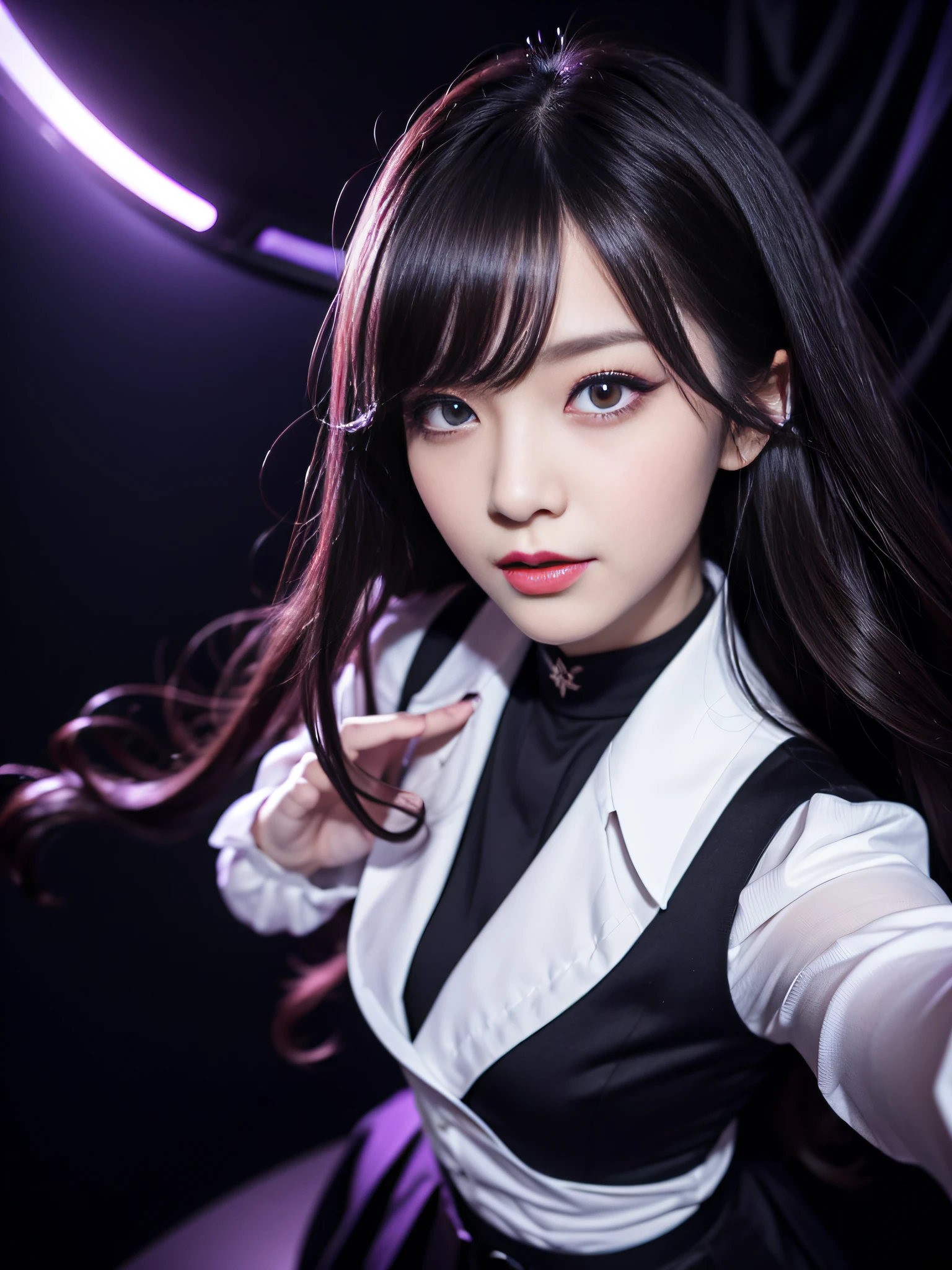 Charming beauties、Evil Female Executive、whiteshirt、Black pleated skirt、black pantyhose、Long curls、charming oval face、二重まぶた、Clear eyes、Purple Eyeshadow、Red Lip、Expressing adult femininity、top-quality、8K、ultra-detailliert、soio、9 head body、Night、Move ki、The Darkness、seductiv、brainwashed、Evil Fall、wicked、darkness