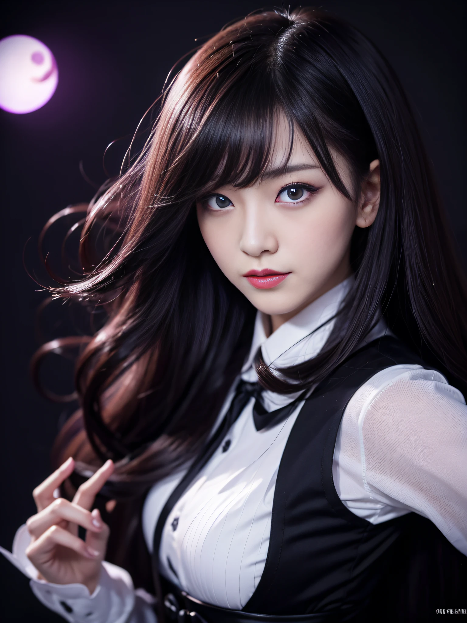 Charming beauties、Evil Female Executive、whiteshirt、Black pleated skirt、black pantyhose、Long curls、charming oval face、二重まぶた、Clear eyes、Purple Eyeshadow、Red Lip、Expressing adult femininity、top-quality、8K、ultra-detailliert、soio、9 head body、Night、Move ki、The Darkness、seductiv、brainwashed、Evil Fall、wicked、darkness