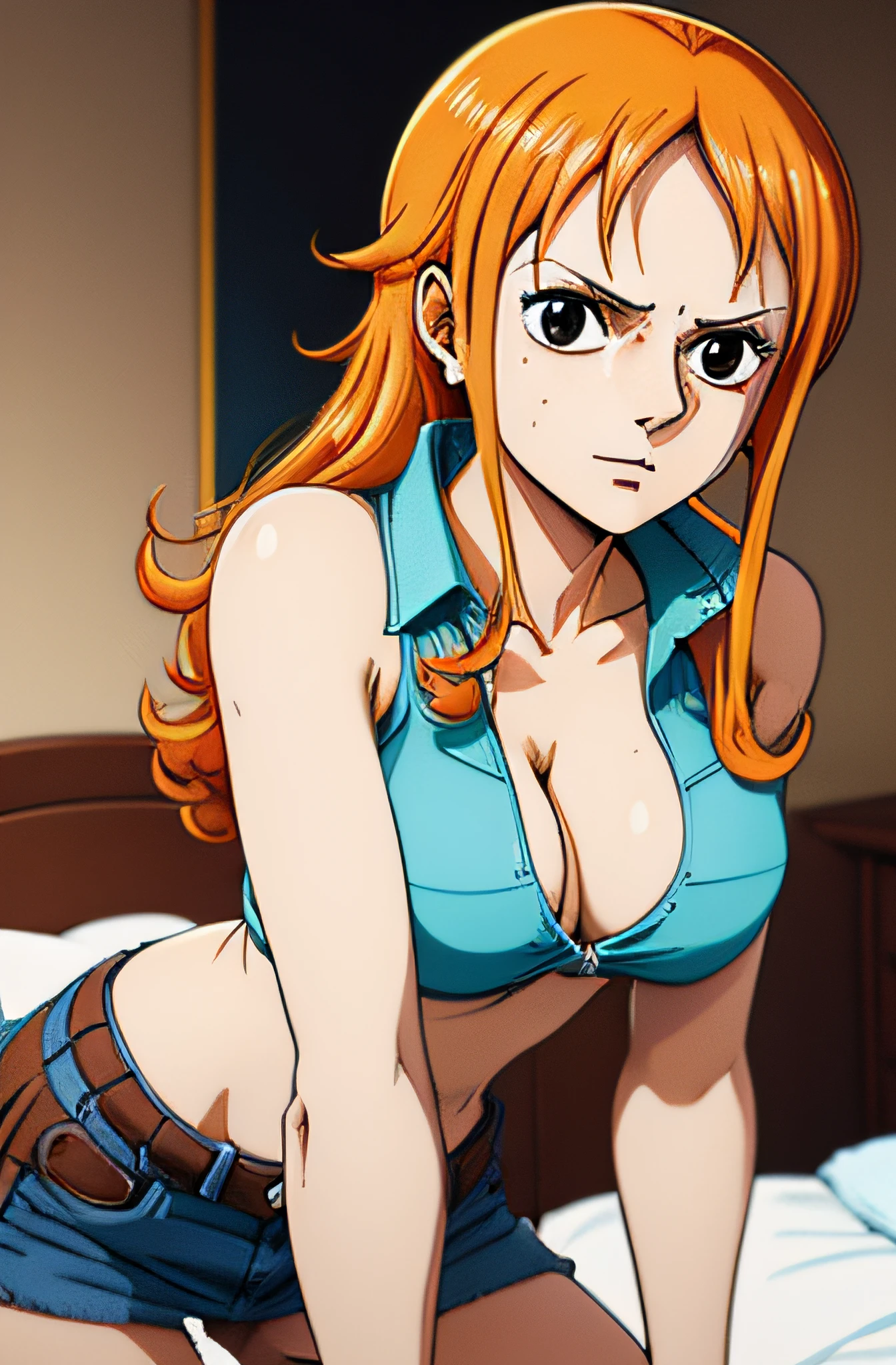best quality, masterpiece, (leaning over:1.4), Nami from one piece Nami is a slim young woman of average height with orange hair and brown eyes she wore a brown cleavage-revealing blouse that exposes her abdomen with cream-colored liners and a pale blue, pleated mini-skirt. Initially, a blue denim jacket, good eyes, good nose, good lips, sexy, undressing, bed, sweating, naked nipple exposed