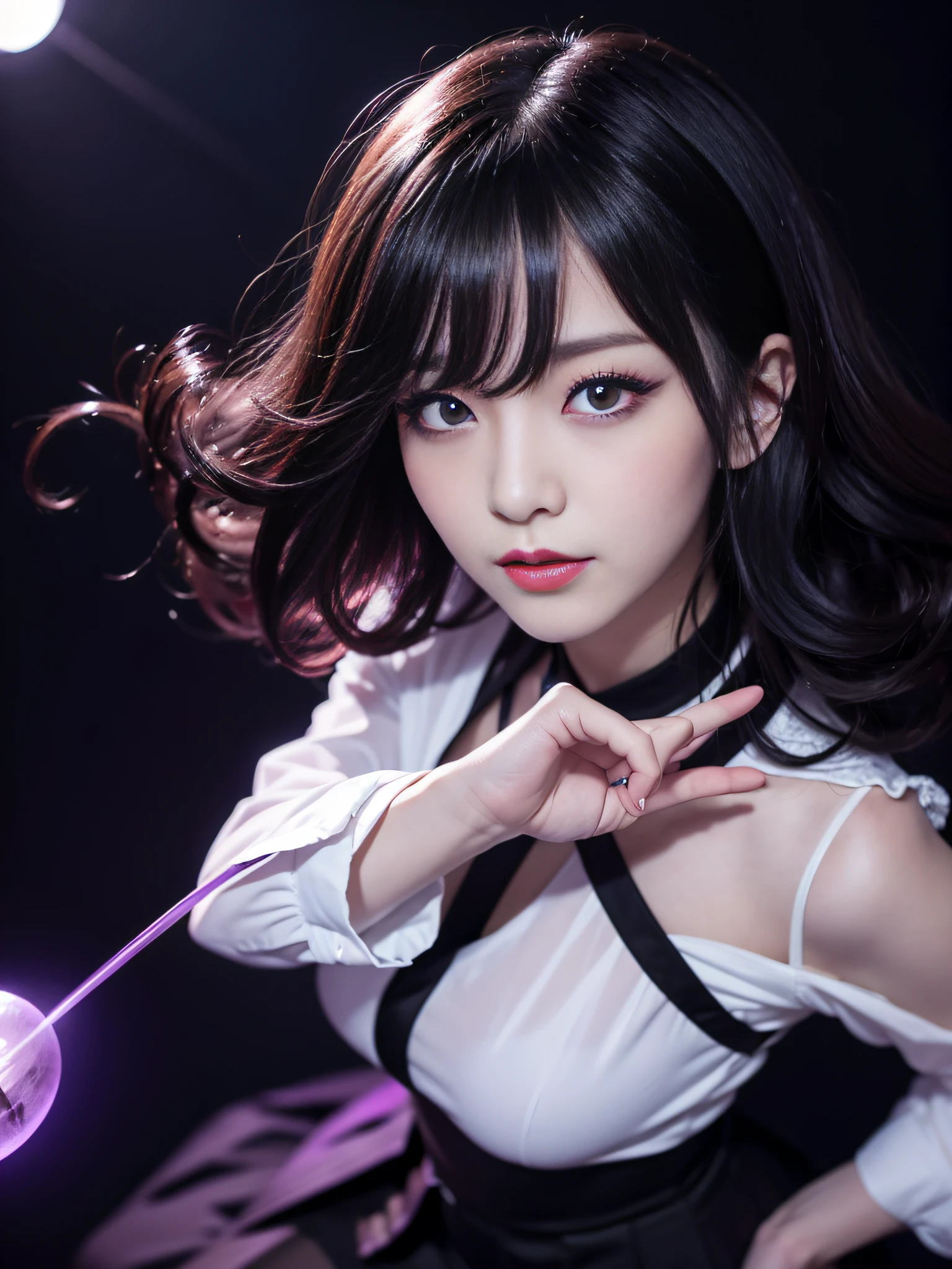Charming beauties、Evil Female Executive、whiteshirt、Black pleated skirt、black pantyhose、Long curls、charming oval face、二重まぶた、Clear eyes、Purple Eyeshadow、Red Lip、Expressing adult femininity、top-quality、8K、ultra-detailliert、soio、9 head body、Night、Move ki、The Darkness、seductiv、brainwashed、Evil Fall、wicked、darkness
