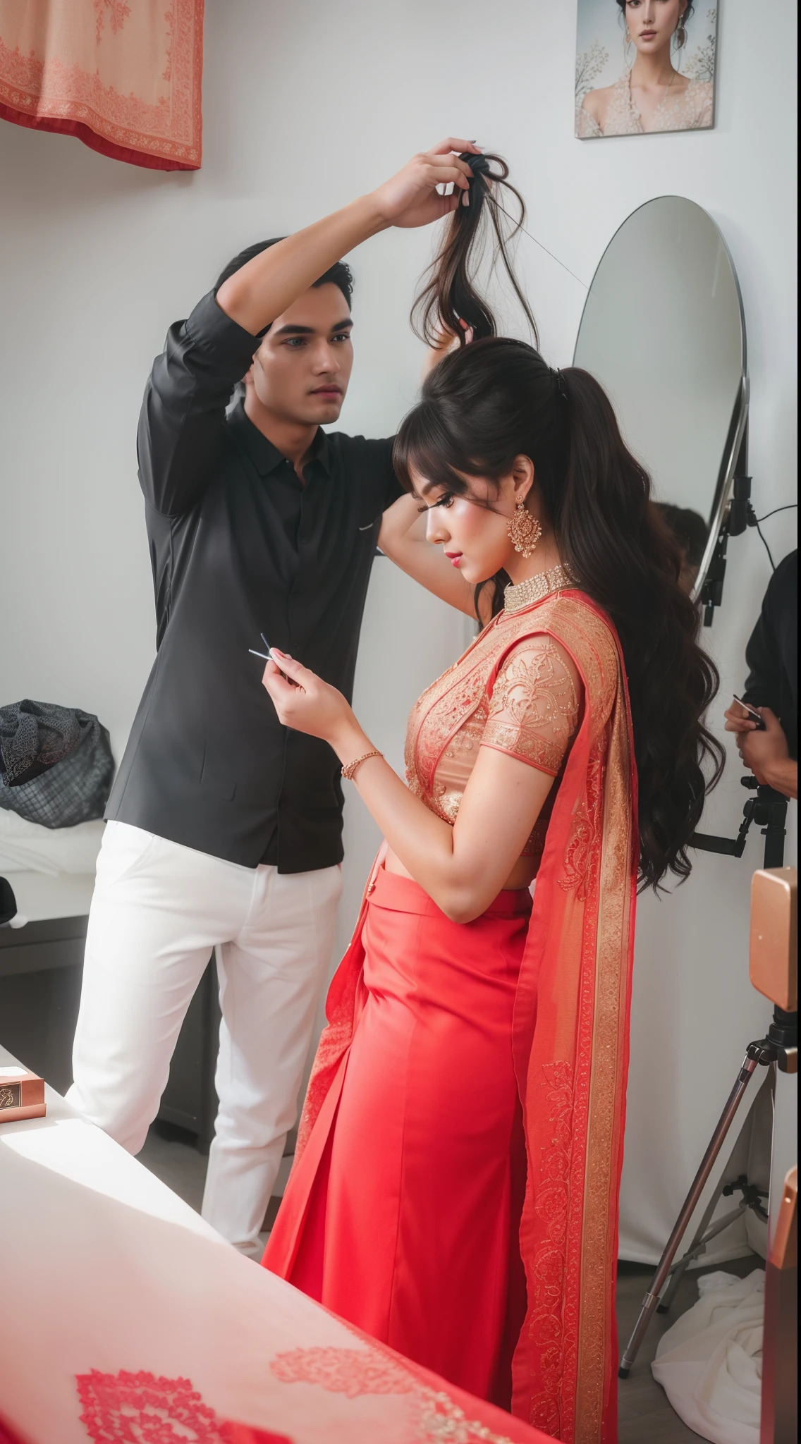 there is a man and woman standing in a room with a mirror, behind the scenes photo, posing, candid photography, candid picture, film shooting, candid photograph, cinematic shoot, photoshoot, with professional makeup, modeling shoot, shot on canon camera, taken with the best dlsr camera, making of, stylish pose, very artistic pose, photo shoot, traditional makeup, (((full body shot))), (Masterpiece:1.1), ultra realistic face, hyperrealistic, hyperdetailed, sharpen, intricate, extremely detailed, beautiful face, cute face mesh, pretty face mesh, sharpen, detailed face, detailed eyes, detailed lips, shoes, perfect body, best quality, ultra realistic, centre composition, Intricate, award winning photography