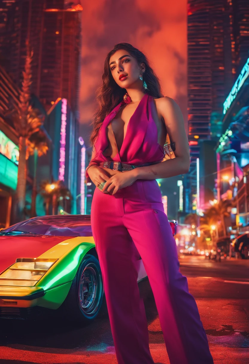 (A young Turkish girl at Miami ,retro vibes along with a Ferrari testarossa , enjoying nightscape , near palm trees , wearing khadi brand suit , Mehwish Hayat