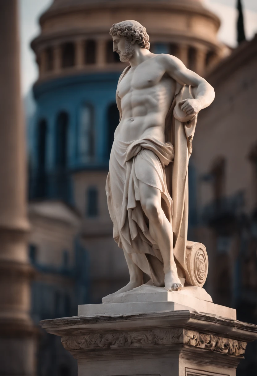 Stoic Greek statue stands with a city in the blurred background cinematic 8k