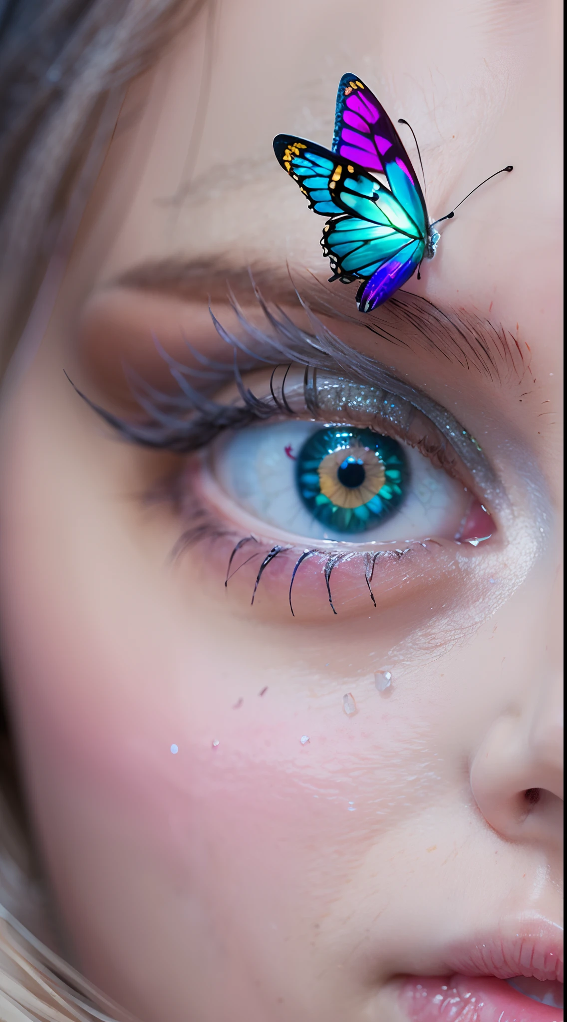 16k high quality wallpapers,Surrealist broken glass photo(Detailed eyes,Long eyelashes,Bright and colorful iris,Expressive eyebrows,Blend eyeshadow perfectly,Eyes sparkle,Reflective eyeballs,Heterochromia),(Silver-blue long-haired girl , A lot of hair 1。3 Delicate hair 1。2),(Long transparent dress,floral patterns:1.4,),(Gorgeous and delicate glowing little butterfly hair ornament,brilliant colorful,Fine engraving,Shine brightly,The attention to detail,The jewelry is of high quality,Extremely high image quality)White Skin Skin,Seductive smile emoji,Close-up shot