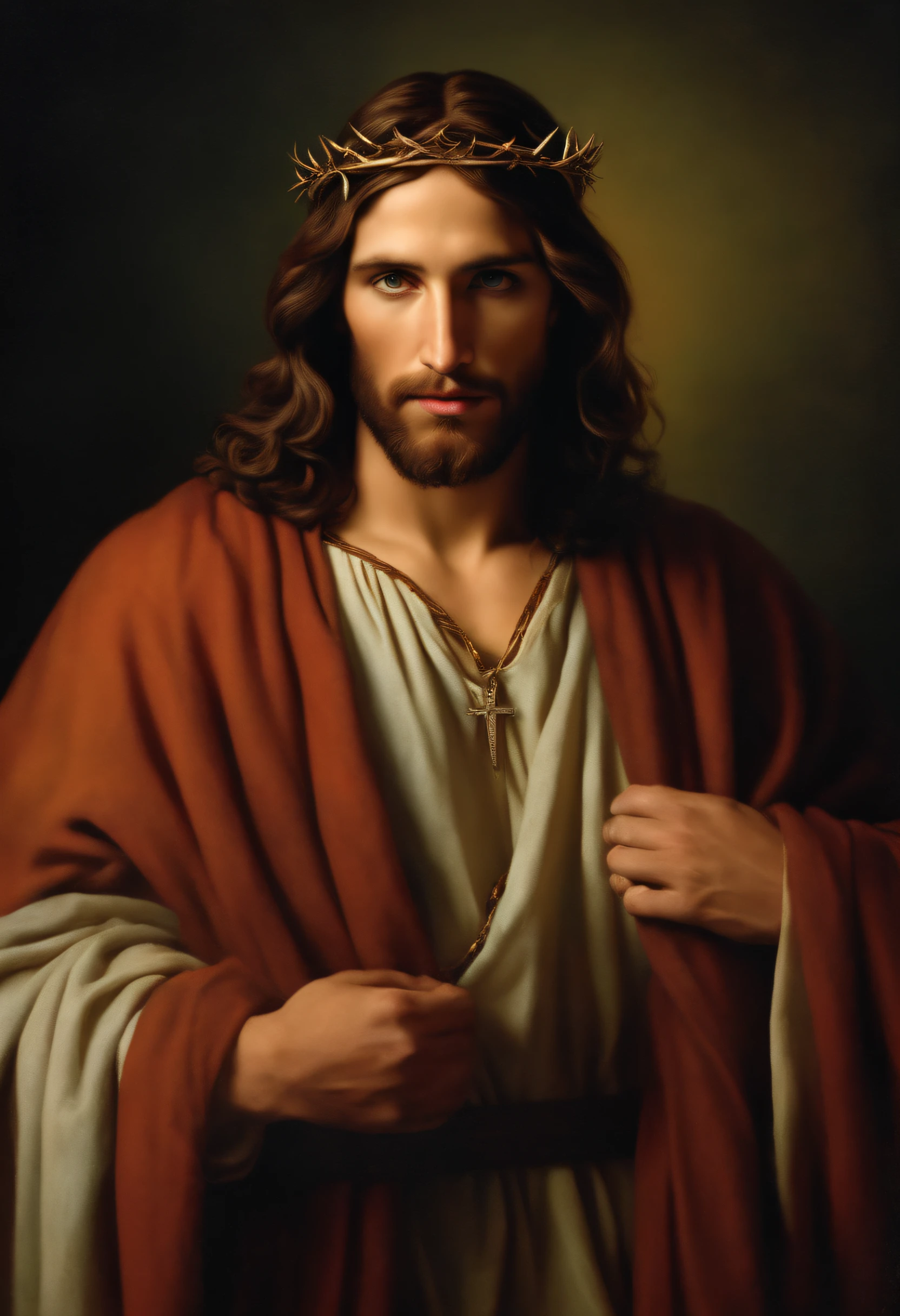 Jesus Christ aged 33, wearing a thorn around his forehead, looking at the camera