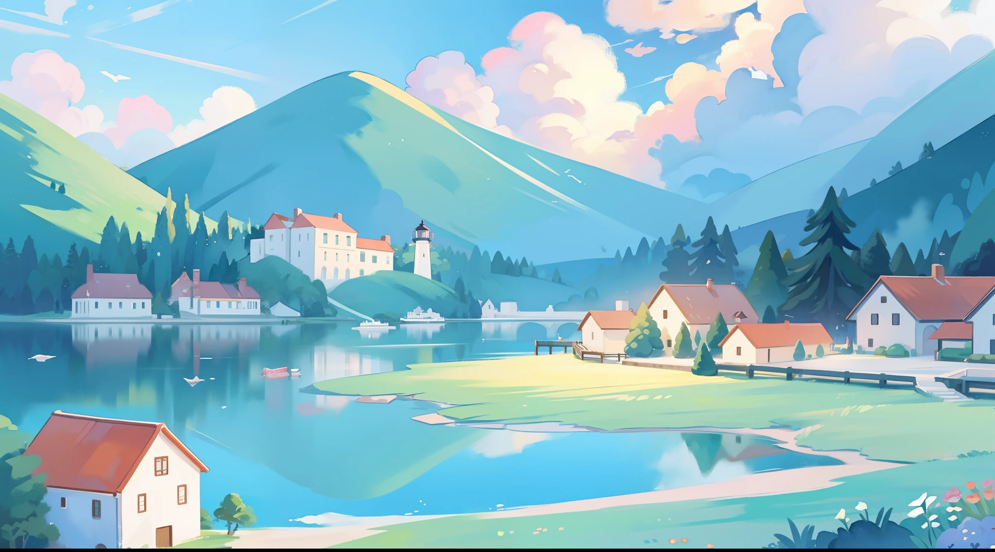 ((picture book illustration)), ocean fantasy, watercolor illustration, whimsical, pastel colors, village, houses, huge lighthouse, ((masterpiece)), highly detailed environment