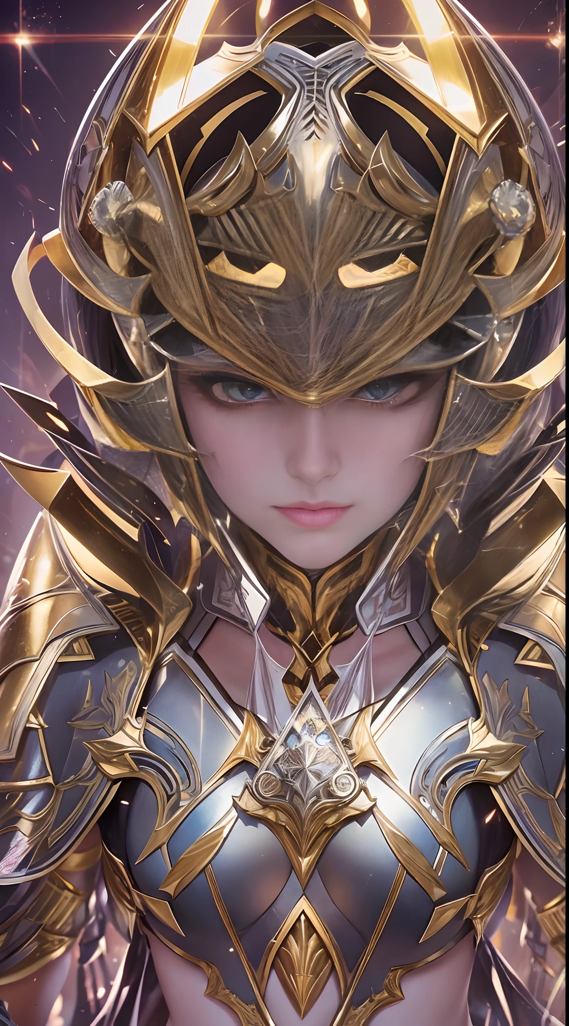 super high saturation(tmasterpiece), fully body photo,(best qualtiy), (1girll), Wearing shiny gold armor, Sexy lingerie type armor,Expose your breasts,Exposing the waistline,Exposing thighs,Cool Pose, Saint Seiya's Armor, dishevled hair,high detal, Anime style, Cinematic lighting, spark of light, God Light, Ray traching, film grains, hyper HD, textured skint, super detailing, anatomical correct, hight resolution,super high saturation,highly contrast,High-gloss armor,slick skin,Insidious mockery,realisticlying,(tmasterpiece,top Quority,best qualtiy,offcial art,Beauty and aesthetics:1.2),Very detailed,s fractal art,highly colorful,portrait of a full body, stunningly beautiful, dynamicposes, delicated face, Vivid eyes,