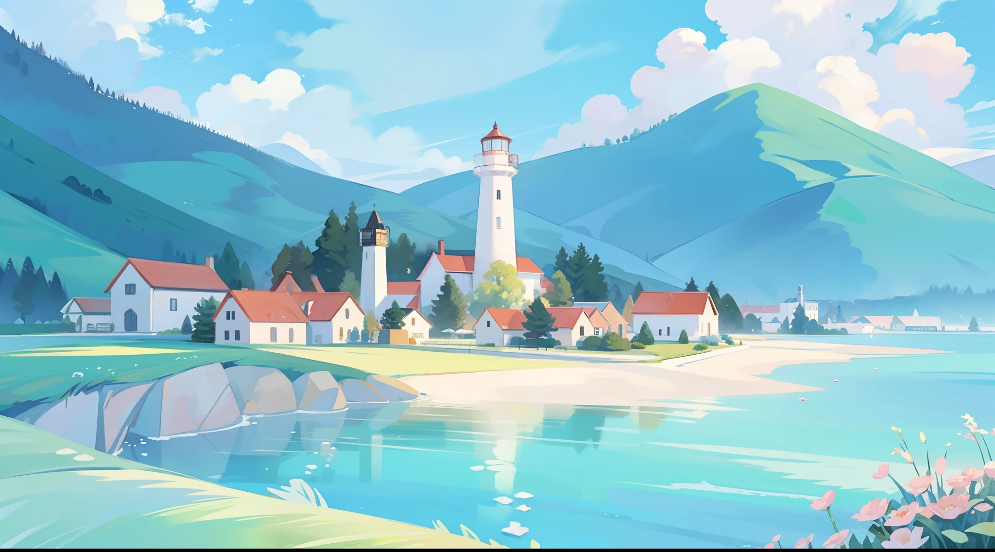 ((picture book illustration)), ocean fantasy, watercolor illustration, whimsical, pastel colors, village, houses, huge lighthouse, ((masterpiece)), highly detailed environment