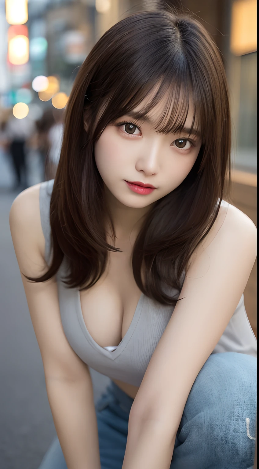 finely detail, hight resolution, hightquality、Perfect dynamic composition, Beautiful detailed eyes, Medium Hair, small tits、Natural Color Lip,Kamimei、Shibuya、20 years girl、1 persons、Transparent skin、Glowing hair、masutepiece, Best Quality, Illustration, Ultra-detailed, finely detail, hight resolution, 8K、The correct state of the human body、crouching down、Gravure Model Pose,Hair soaring in the wind