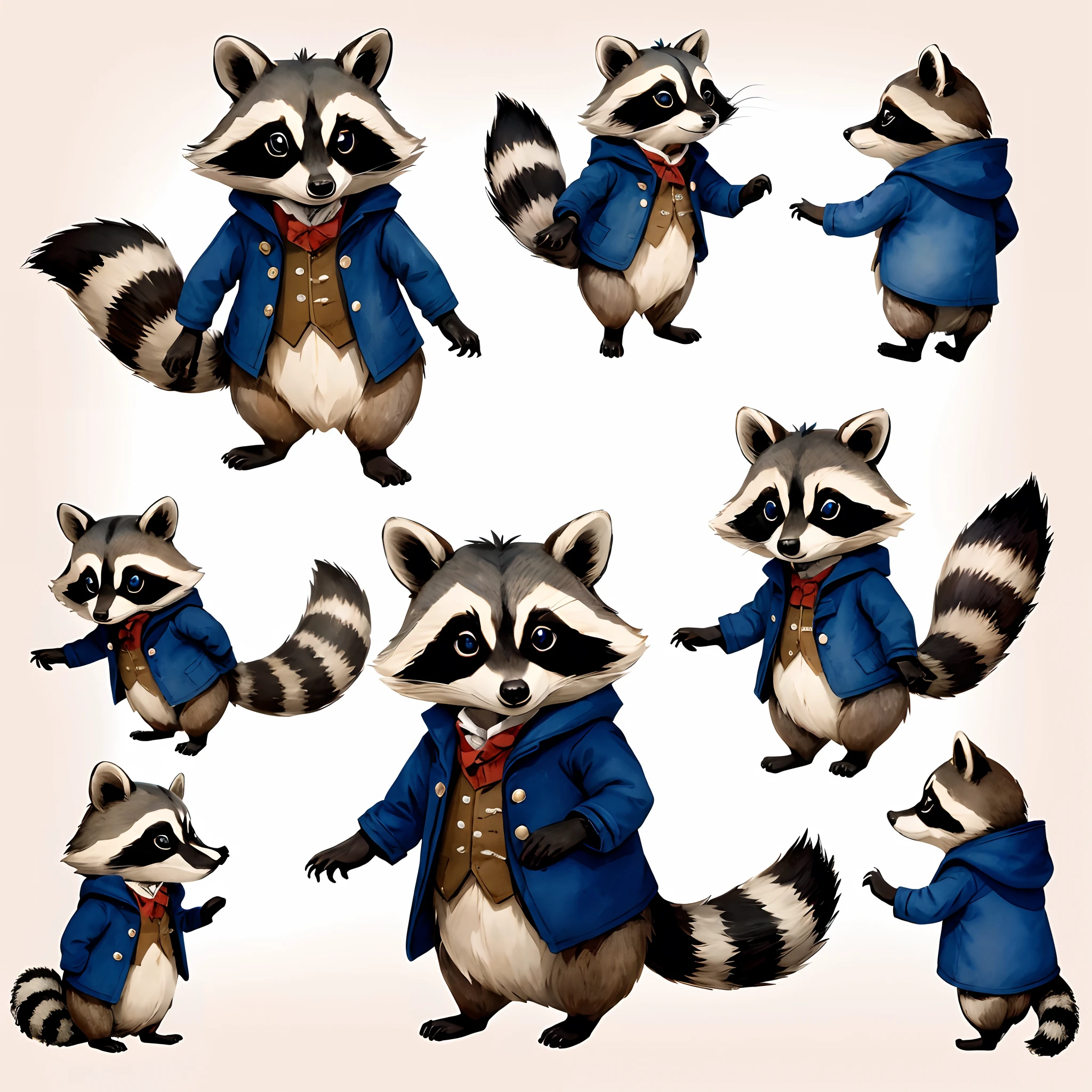Cute little anthropomorphic raccoon on two legs in different 10 poses, in a blue coat of the 19th century without pockets, Character Sheet, sitting, standing, in front, side, back, Multiple postures and facial expressions, watercolour, kids book illustration, beatrice potter style, Watercolor,