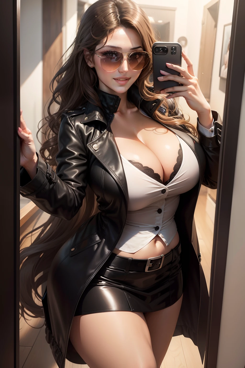 Lucy Pinder, portrait, face portrait, wavy hair, smiling, selfie, brown hair, tails in hair, clear sunglasses, cleavage, black trench coat, black miniskirt, voluptuous