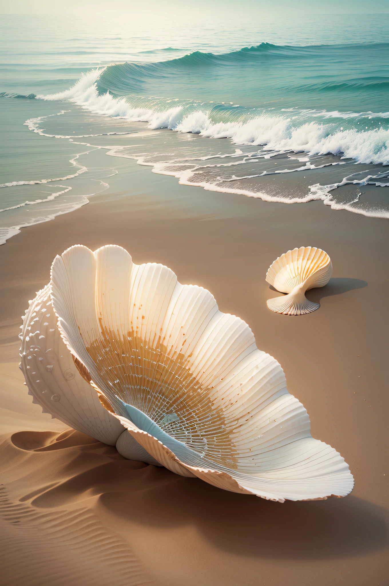 A breathtaking watercolor painting of a seashell instrument, its intricate curves and delicate pearl inlays glistening in the soft sunlight on a sandy beach. The tranquil ocean waves form the backdrop, and a single vibrant flower rests beside the seashell, adding a touch of vivid color to the scene.