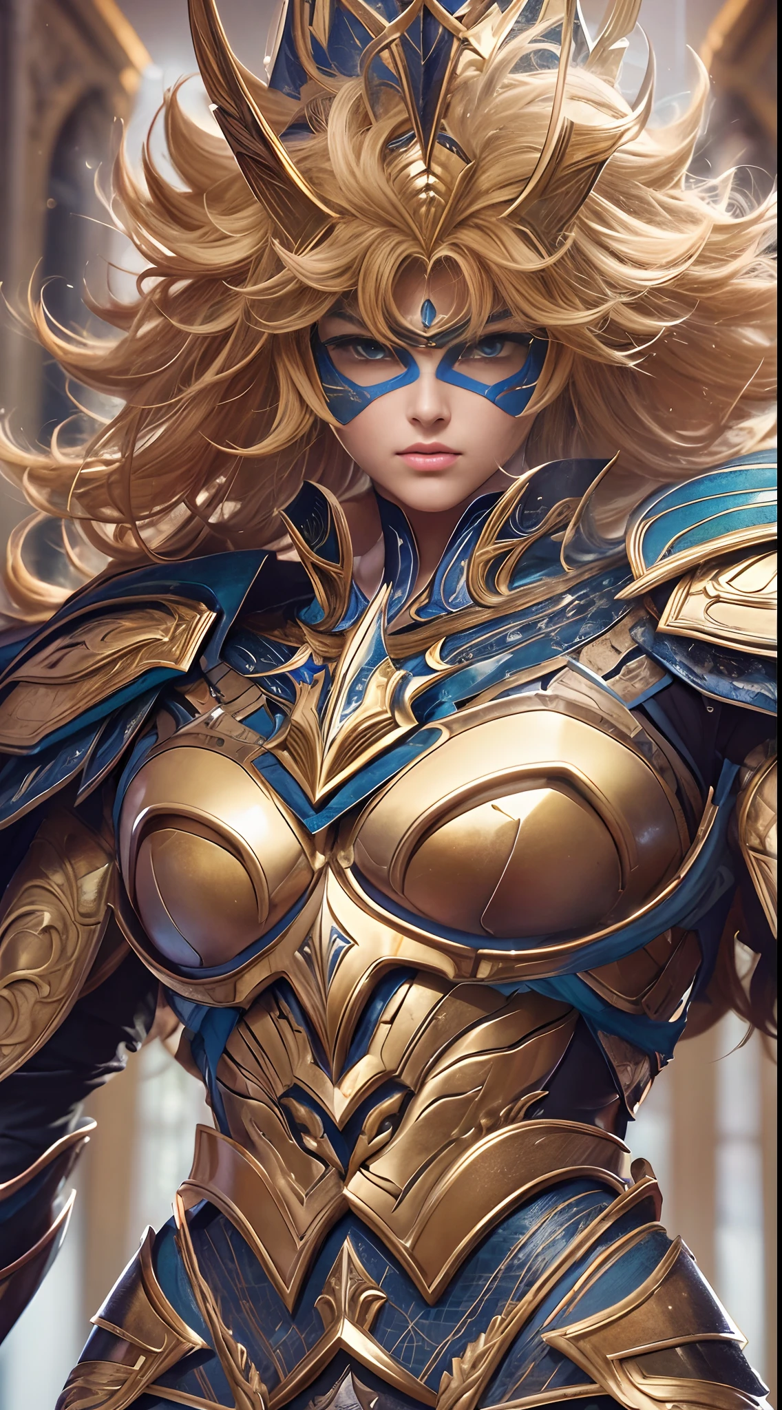 super high saturation(tmasterpiece), fully body photo,(best qualtiy), (1girll), Wearing shiny gold armor, Sexy lingerie type armor,Expose your breasts,Exposing the waistline,Exposing thighs,Cool Pose, Saint Seiya's Armor, dishevled hair,high detal, Anime style, Cinematic lighting, spark of light, God Light, Ray traching, film grains, hyper HD, textured skint, super detailing, anatomical correct, hight resolution,super high saturation,highly contrast,High-gloss armor,slick skin,Insidious mockery,realisticlying,(tmasterpiece,top Quority,best qualtiy,offcial art,Beauty and aesthetics:1.2),Very detailed,s fractal art,highly colorful,portrait of a full body, stunningly beautiful, dynamicposes, delicated face, Vivid eyes,