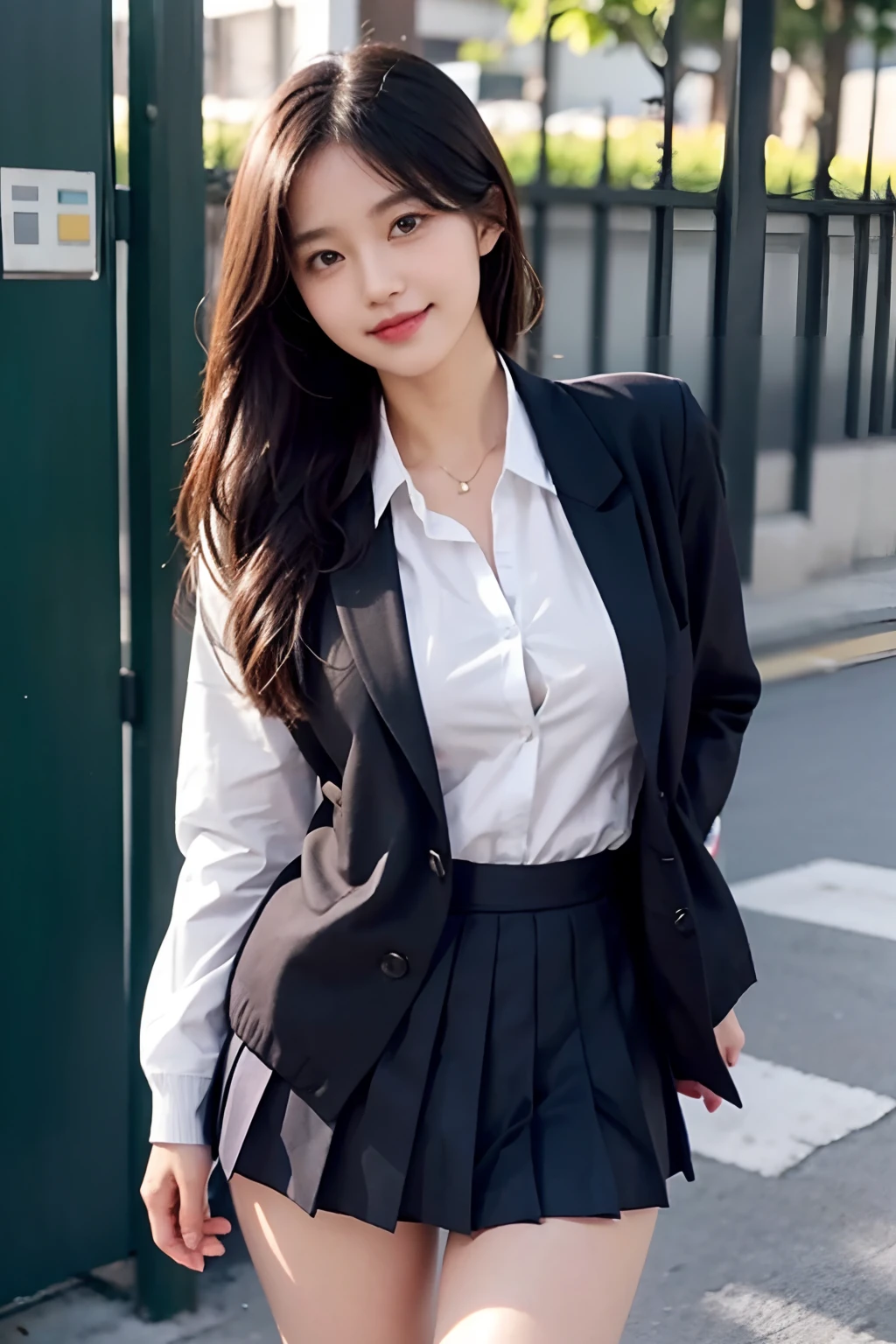 Show off panties、Large breasts、Smirk、School uniform、 Blazer、 Cardigan、 Jacket、 Long sleeves、 Pleated skirt、 White shirt、Standing、prison、Skirt lift