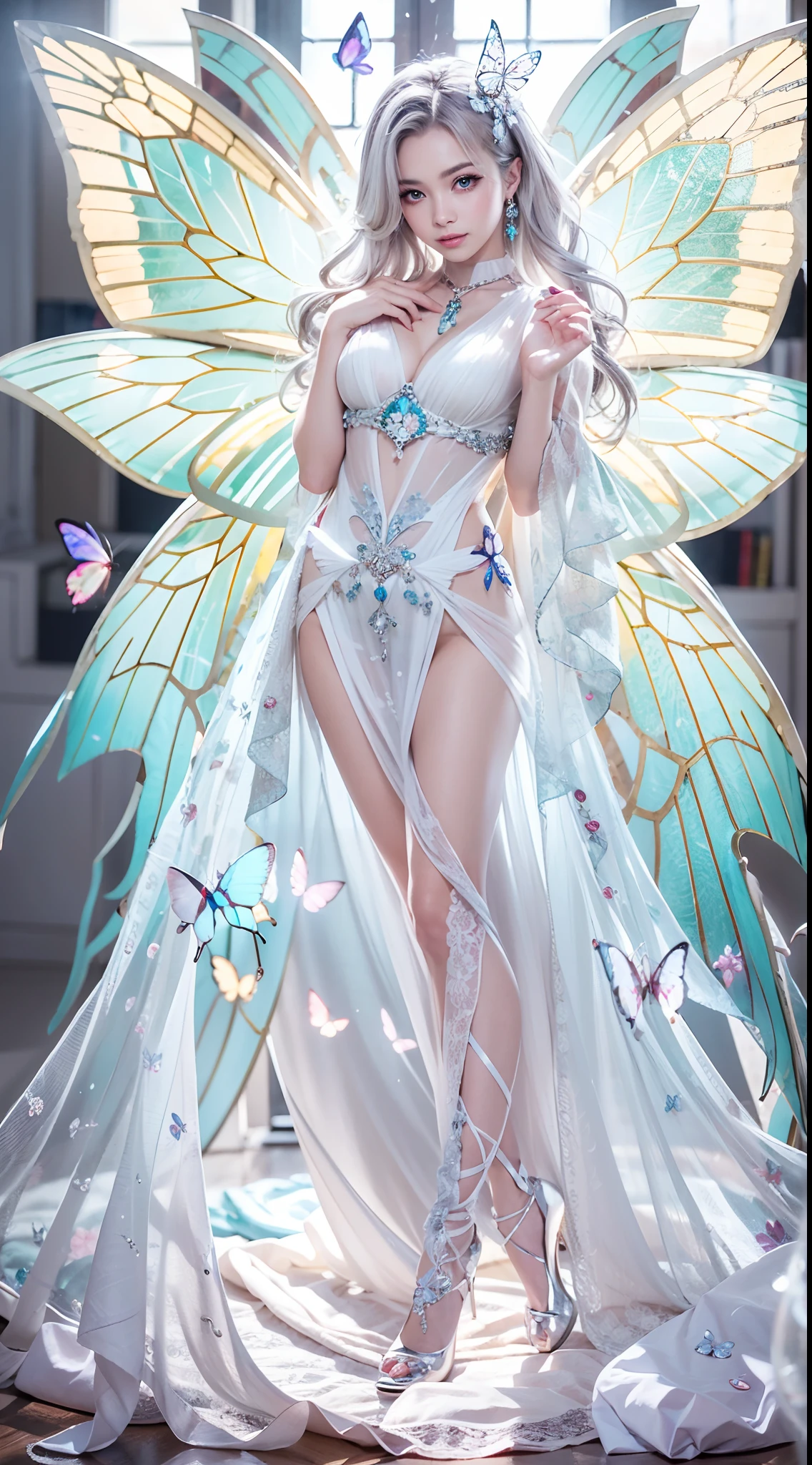 16k high quality wallpapers，Surrealist broken glass photo（Detailed eyes,Long eyelashes,Bright and colorful iris,Expressive eyebrows,Blend eyeshadow perfectly,Eyes sparkle,Reflective eyeballs，Heterochromia），（Silver-blue long-haired girl ， A lot of hair 1。3 Delicate hair 1。2）,（Long transparent dress，floral patterns：1.4，），（Gorgeous and delicate glowing little butterfly hair ornament，brilliant colorful，Fine engraving，Shine brightly，The attention to detail，The jewelry is of high quality，Extremely high image quality）White Skin Skin，Seductive smile emoji，Close-up shot