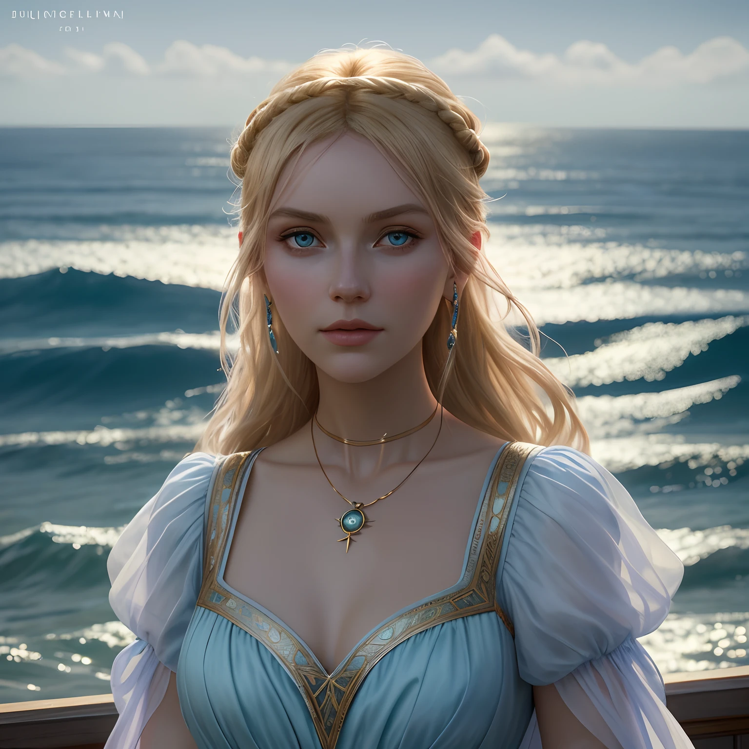 Georgiana, 20 years old lady, chimamanda skin, detailed beautiful woman, golden hair in a loose bun, detaiiled perfect ocean blue eyes, delicate symmetric realistic and beautiful face, (sunny seaside background), regency lady simple dress, no necklace, full body, masterpiece, fine detail, rich colors, dramatic lighting, extremely detailed, cinematic lighting hyperdetailed painting, luminism, Bar lighting, complex, 4k resolution concept art portrait by Greg Rutkowski, Artgerm, WLOP, Alphonse Mucha, little fusion pojatti realistic goth: a stunning realistic photograph