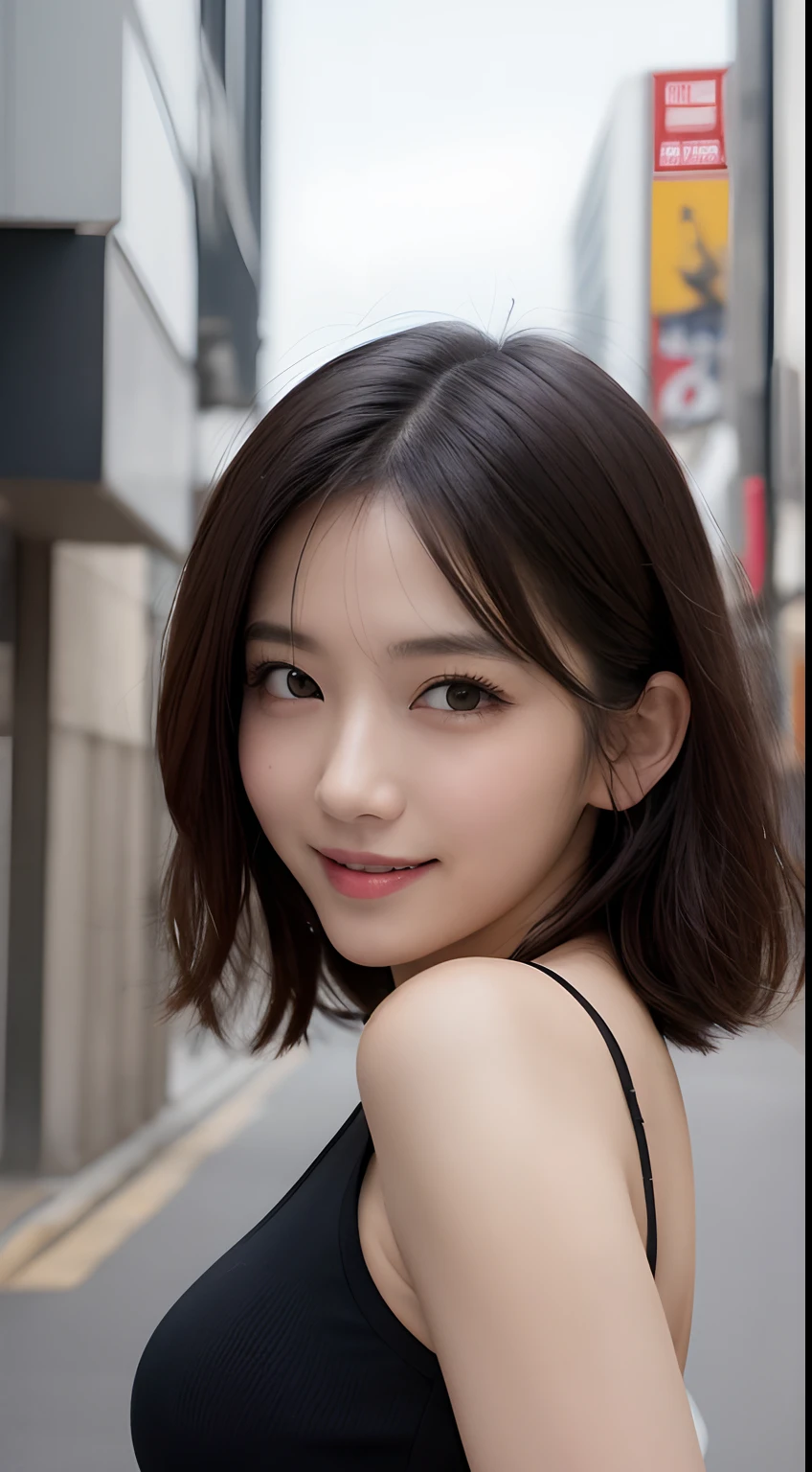 masutepiece, Best Quality, Illustration, Ultra-detailed, finely detail, hight resolution, 8K Wallpaper, Perfect dynamic composition, Beautiful detailed eyes,Short bob hair,Big Natural Color Lip, Bold sexy poses,Smile,Shibuya、a 25 year old girl、Cute、Subject looking at sexy pose on camera,Gravure Model Pose、Hair flutters in the wind