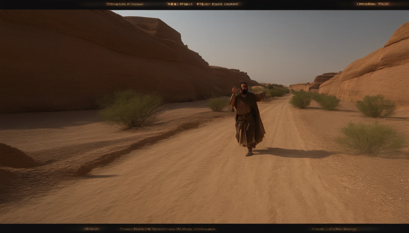 2000 years ago in the Middle East, a man traveling alone and finds an almost dead and badly injured man on the side of the road. 2Shot on 70mm lense, Depth of Field, DOF, Tilt Blur, Shutter Speed 1/1000. F/22, White Balance, 32k, Super-Resolution, Megapixel, ProPhoto RGB. VR, tall, epic, artgerm, alex ross, Halfrear Lighting, Backlight, Natural Lighting, Incandescent, Optical, Fiber, Moody, Lighting, Cinematic, Lightning, Studio Lightning, Soft Lightning, Volumetric, Contre-Jour, dark Lighting, Accent Lighting, Global Illumination, Screen Space Global Illumination, Ray Tracing, Global Illumination, Red Rim light, cool color grading 45%. Optics, Scattering, Glowing, Shadows, Rough, Shimmering, Ray Tracing Reflections, Lumen Reflections, Screen Space Reflections, Diffraction Grading, Chromatic, Aberration, GB Displacement, Scan Lines, Ray Traced, Ray Tracing Ambient Occlusion, Anti-Aliasing, FKAA, TXAA, RTX, SSAO, Shaders, OpenGL-Shaders, GLSL-Shaders