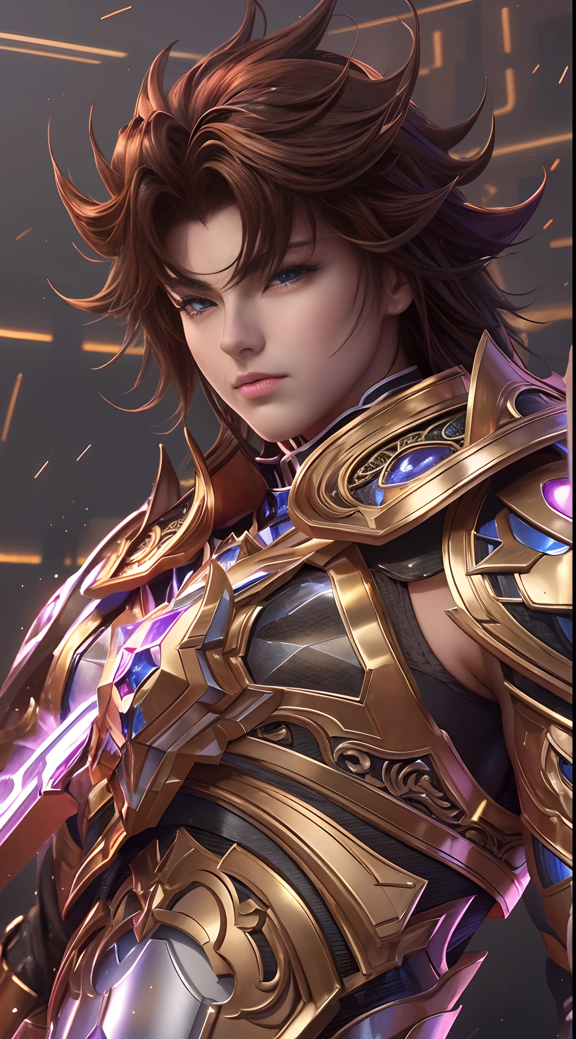 super high saturation（tmasterpiece）， fully body photo，（best qualtiy）， （1girll）， Wearing shiny gold armor， Sexy lingerie type armor，Expose your breasts，Exposing the waistline，Exposing thighs，Cool pose， Saint Seiya's Armor， dishevled hair，high detal, Anime style, Cinematic lighting, spark of light, God Light, Ray traching, film grains, hyper HD, textured skint, super detailing, anatomical correct, hight resolution，super high saturation，highly contrast，High-gloss armor，slick skin，Insidious mockery，realisticlying，（tmasterpiece，top Quority，best qualtiy，offcial art，Beauty and aesthetics：1.2），Very detailed，s fractal art，highly colorful，portrait of a full body， stunningly beautiful， dynamicposes， delicated face， Vivid eyes，