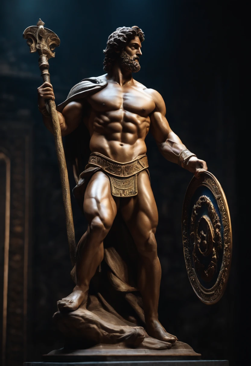 Stoic Greek Hercules style statue with muscles highlighted cinematic dark background 8k