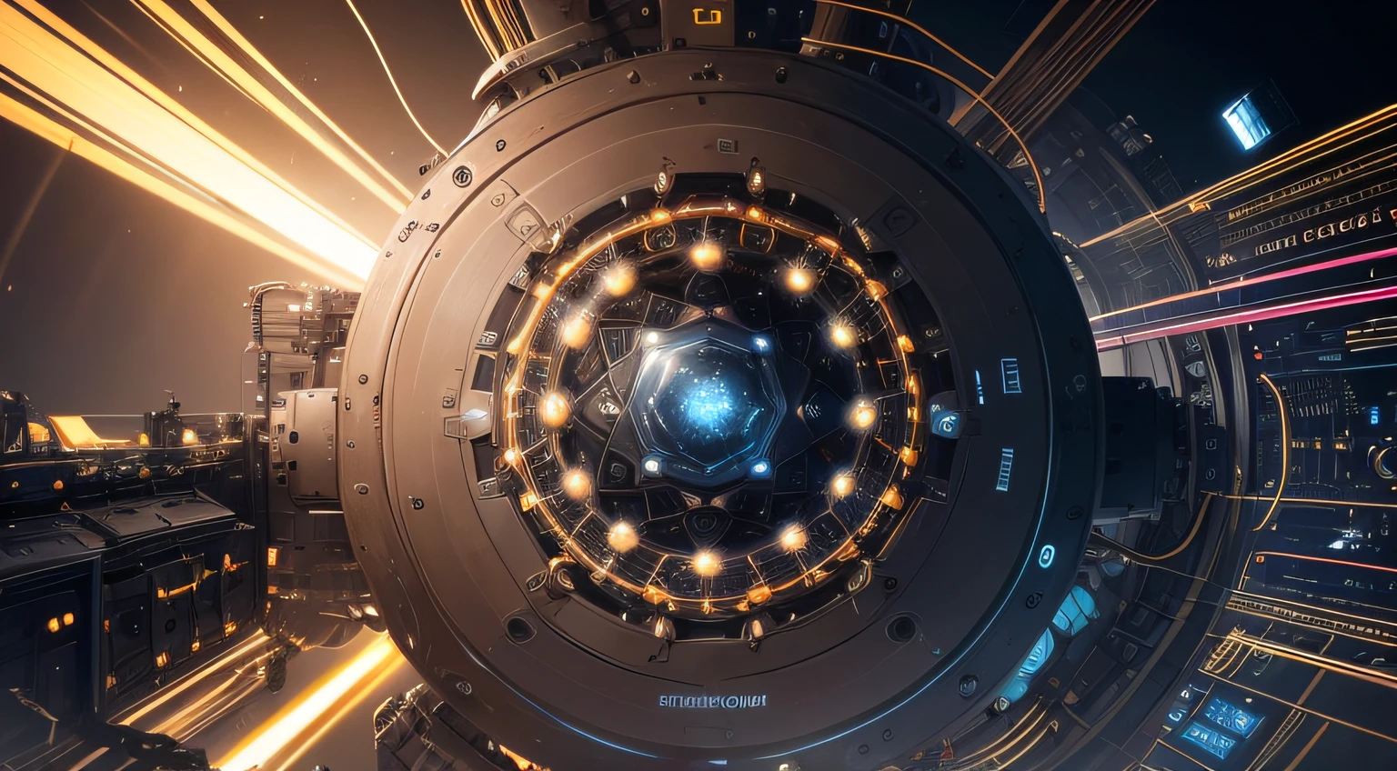 a closeup of a large machine with many wires, Quantum Computer, quantum computing, Hadron collision technology, Hadron Collider, Hadron antimatter vacuum reactor, quantum technology, Large hadron collider, intricate machine in space, quantum processor, Fusion reactor, fonte de luz singular de baixo, particle physics, fonte de luz da esquerda