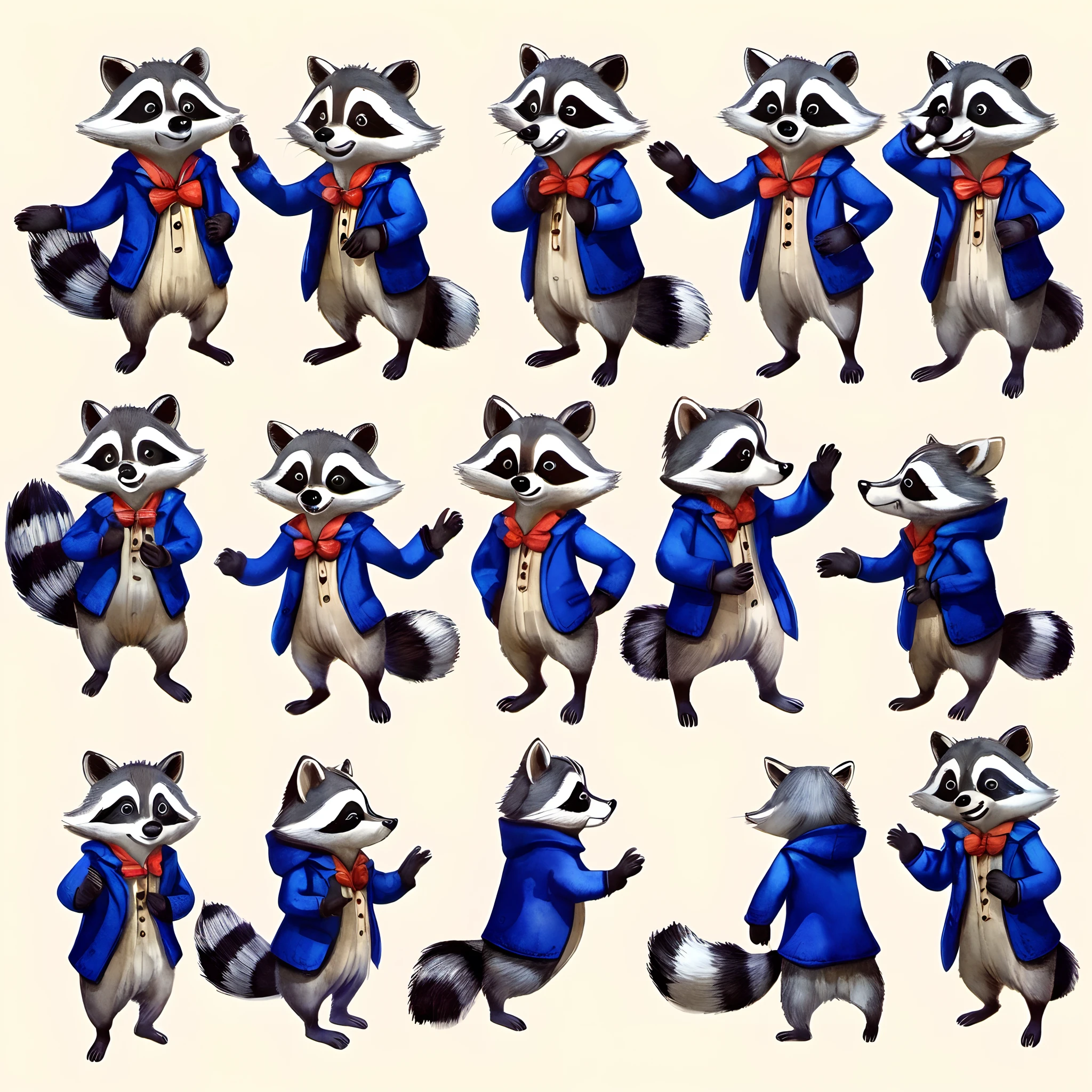Cute little anthropomorphic raccoon on two legs in different 10 poses, in a blue coat of the 19th century without pockets, Character Sheet, sitting, standing, in front, side, back, Multiple postures and facial expressions, watercolour, kids book illustration, beatrice potter style, Watercolor,