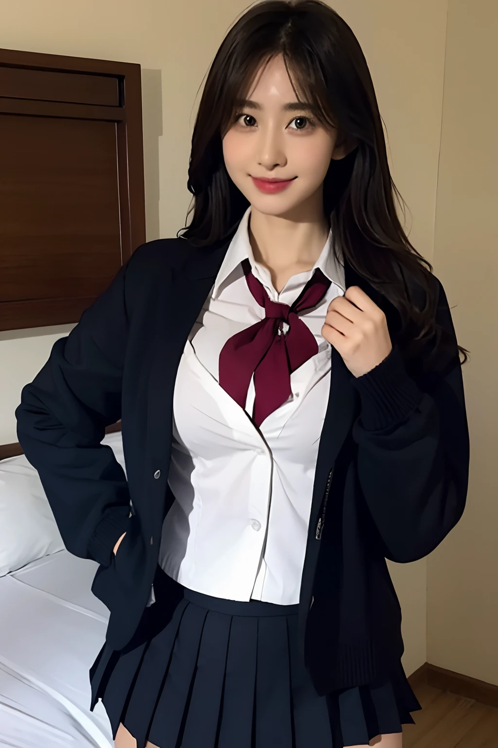 A tall mature girl,Kneel in front of the hotel bed,Skinny and tall body,Dew,large chest,blue Hair,、Erogenous big breasts、,korean girl' school gym uniform,,Magic School student uniforms,Tight collared sailor uniform,japanese school uniform,jk uniform,Mature beautiful girl,White and light pink clothes,female students,Jackets and skirts,cute schoolgirl,wearing japanese school uniform,big breasts,Unfasten the buttons,Exposing breast