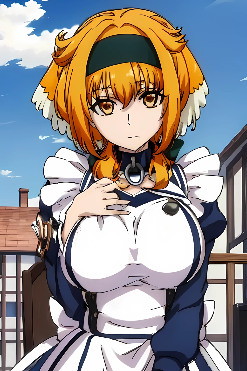 Una mujer con un traje de sirvienta con su mano sobre su pecho, Anime Maids. dog Girl , Traje de sirvienta, Hermosa criada, pecho esponjoso, OPPAI, pechos grandes!