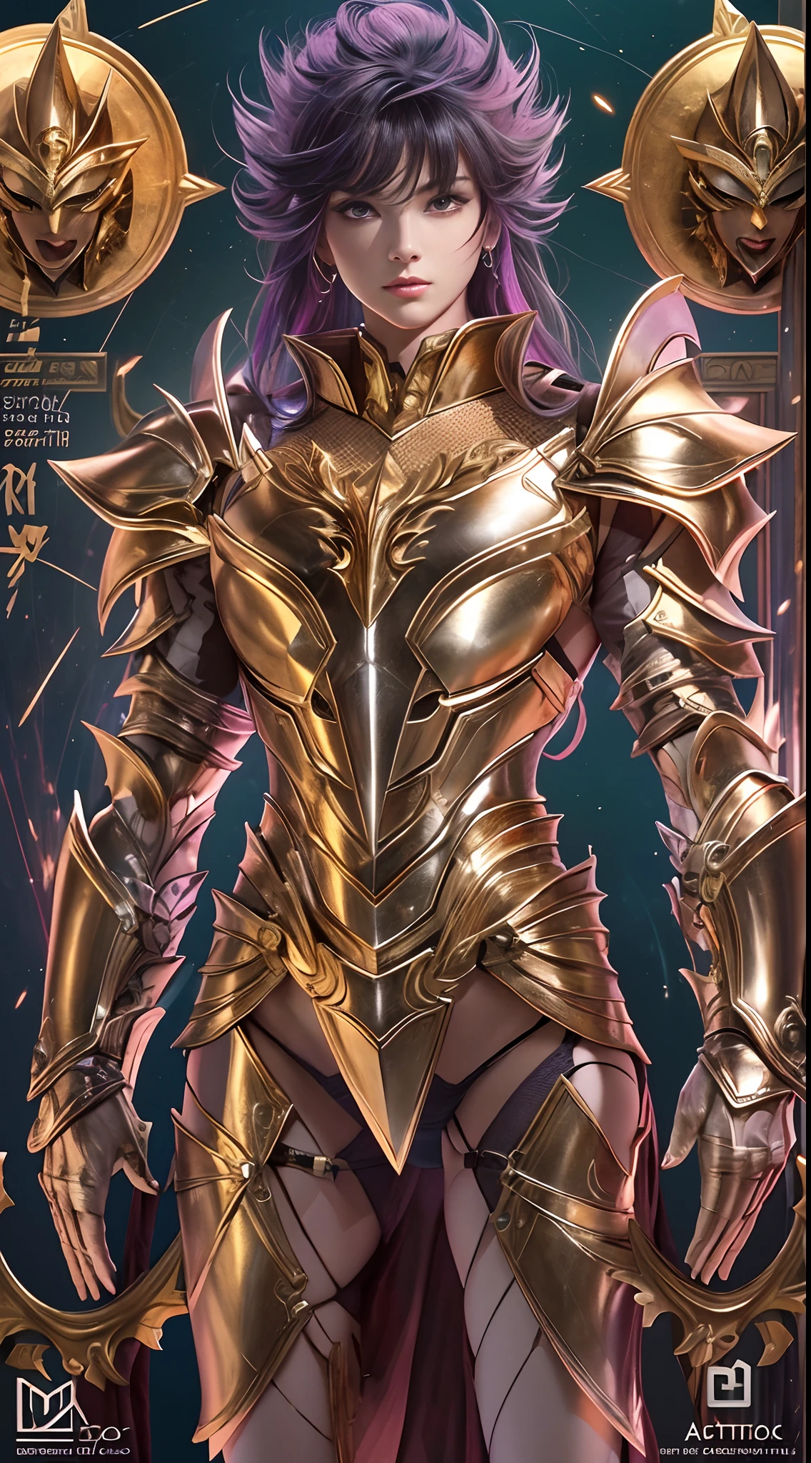super high saturation(tmasterpiece), fully body photo,(best qualtiy), (1girll), Wearing shiny gold armor, Sexy lingerie type armor,Expose your breasts,Exposing the waistline,Exposing thighs,Cool pose, Saint Seiya's Armor, dishevled hair,high detal, Anime style, Cinematic lighting, spark of light, God Light, Ray traching, film grains, hyper HD, textured skint, super detailing, anatomical correct, hight resolution,super high saturation,highly contrast,High-gloss armor,slick skin,Insidious mockery,realisticlying,(tmasterpiece,top Quority,best qualtiy,offcial art,Beauty and aesthetics:1.2),Very detailed,s fractal art,highly colorful,portrait of a full body, stunningly beautiful, dynamicposes, delicated face, Vivid eyes,
