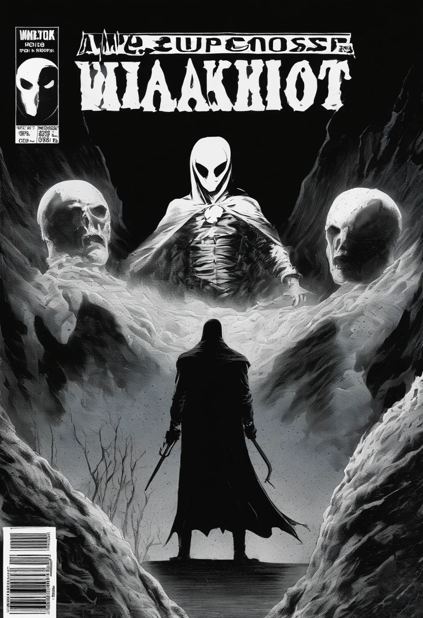 an image of a comic book cover, moon knight, female moon knight, phantom ghosts in the background, the shadow, valiant comics, spectres, comic book's cover, splash comics, shadowy informant, kamen rider ghost, comic cover art, as a panel of a marvel comic, 1 9 7 0 s comic book, white mask, spectres of the night
