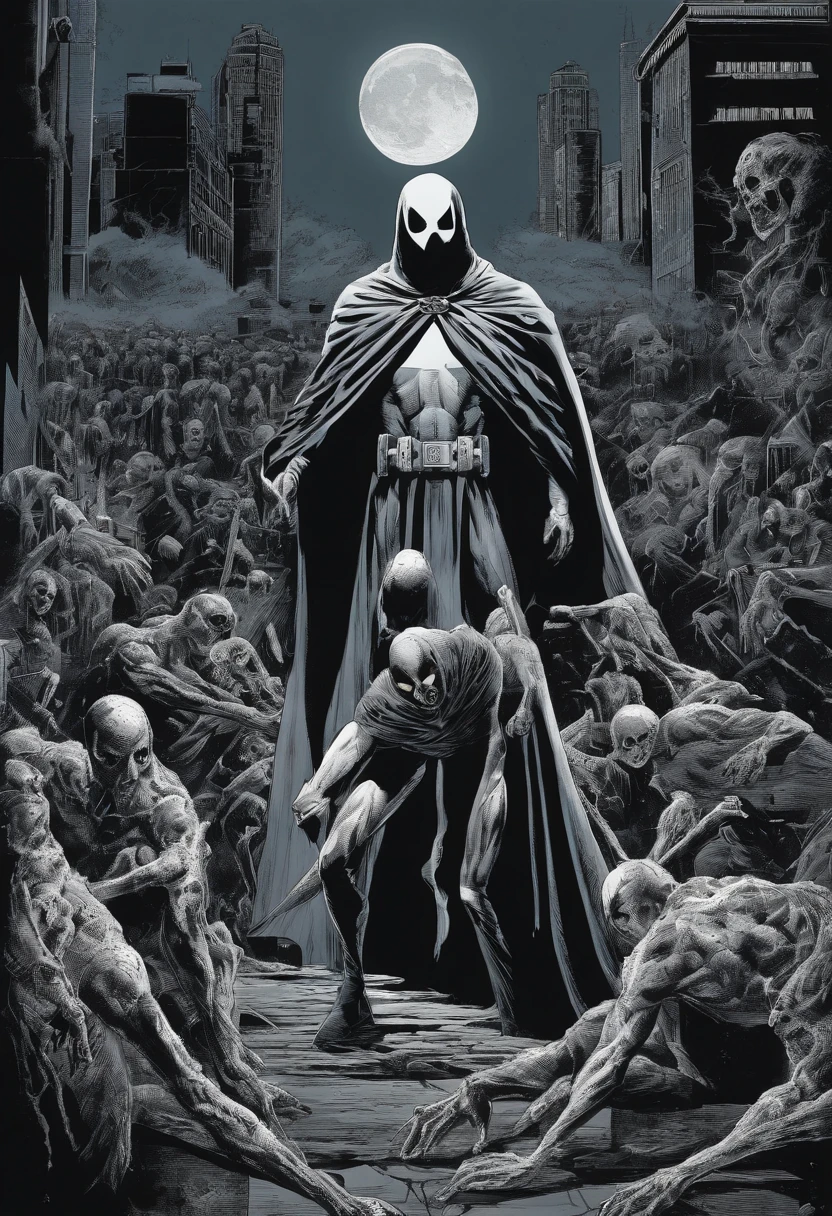 an image of a comic book cover, moon knight, female moon knight, phantom ghosts in the background, the shadow, valiant comics, spectres, comic book's cover, splash comics, shadowy informant, kamen rider ghost, comic cover art, as a panel of a marvel comic, 1 9 7 0 s comic book, white mask, spectres of the night