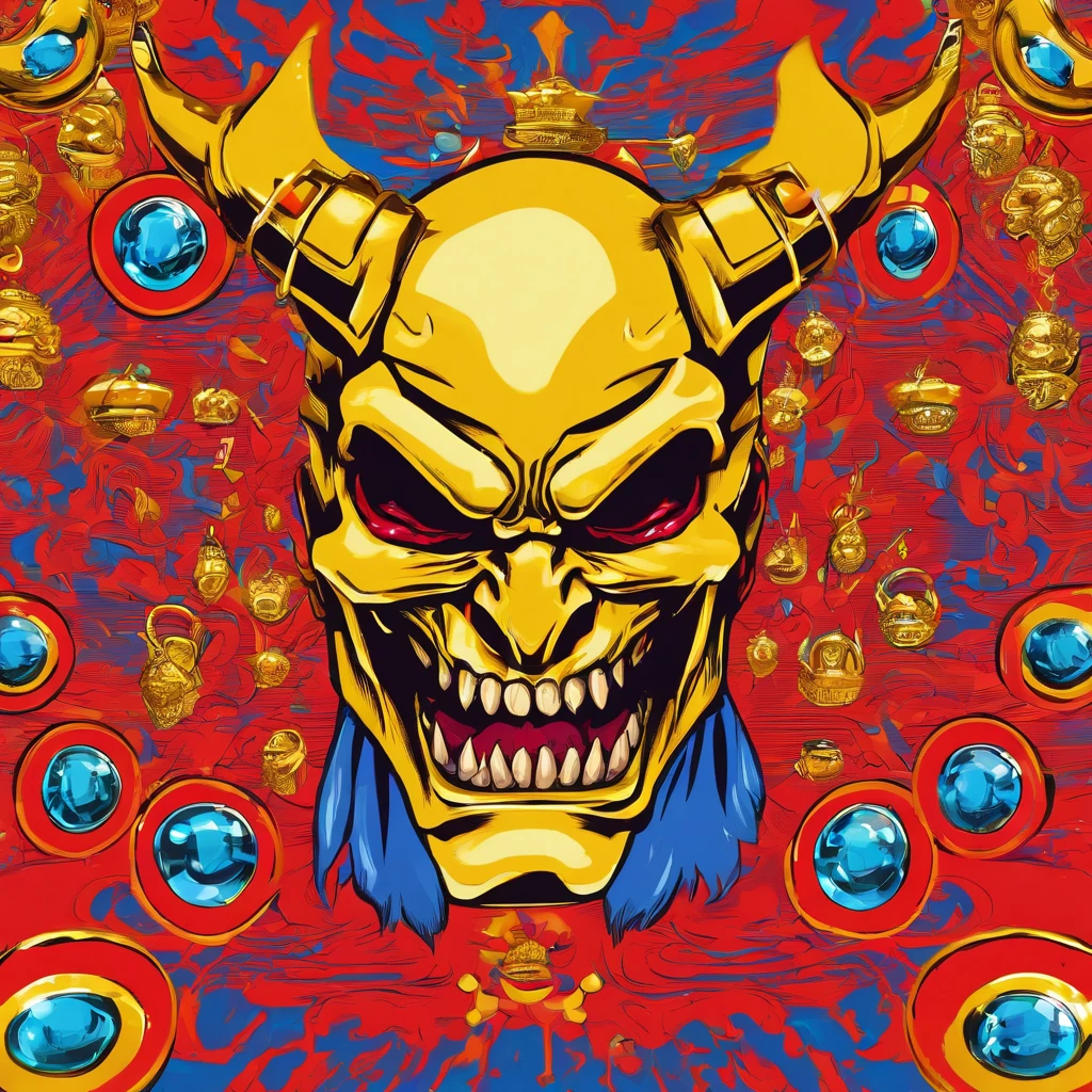 100th Ring Demon, many rings, colors are gold glowing with red and blue gems, masterpiece, best quality