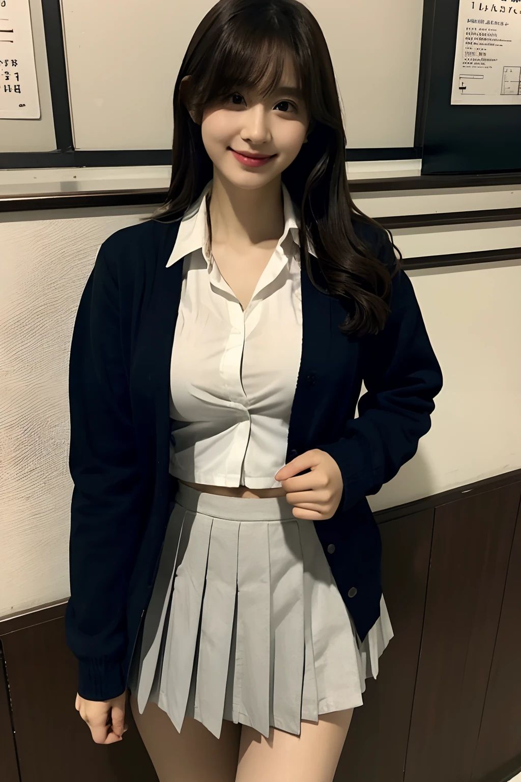 Show off panties、Large breasts、Smirk、School uniform、 Blazer、 Cardigan、 Jacket、 Long sleeves、 Pleated skirt、 White shirt、Standing、prison、Skirt lift