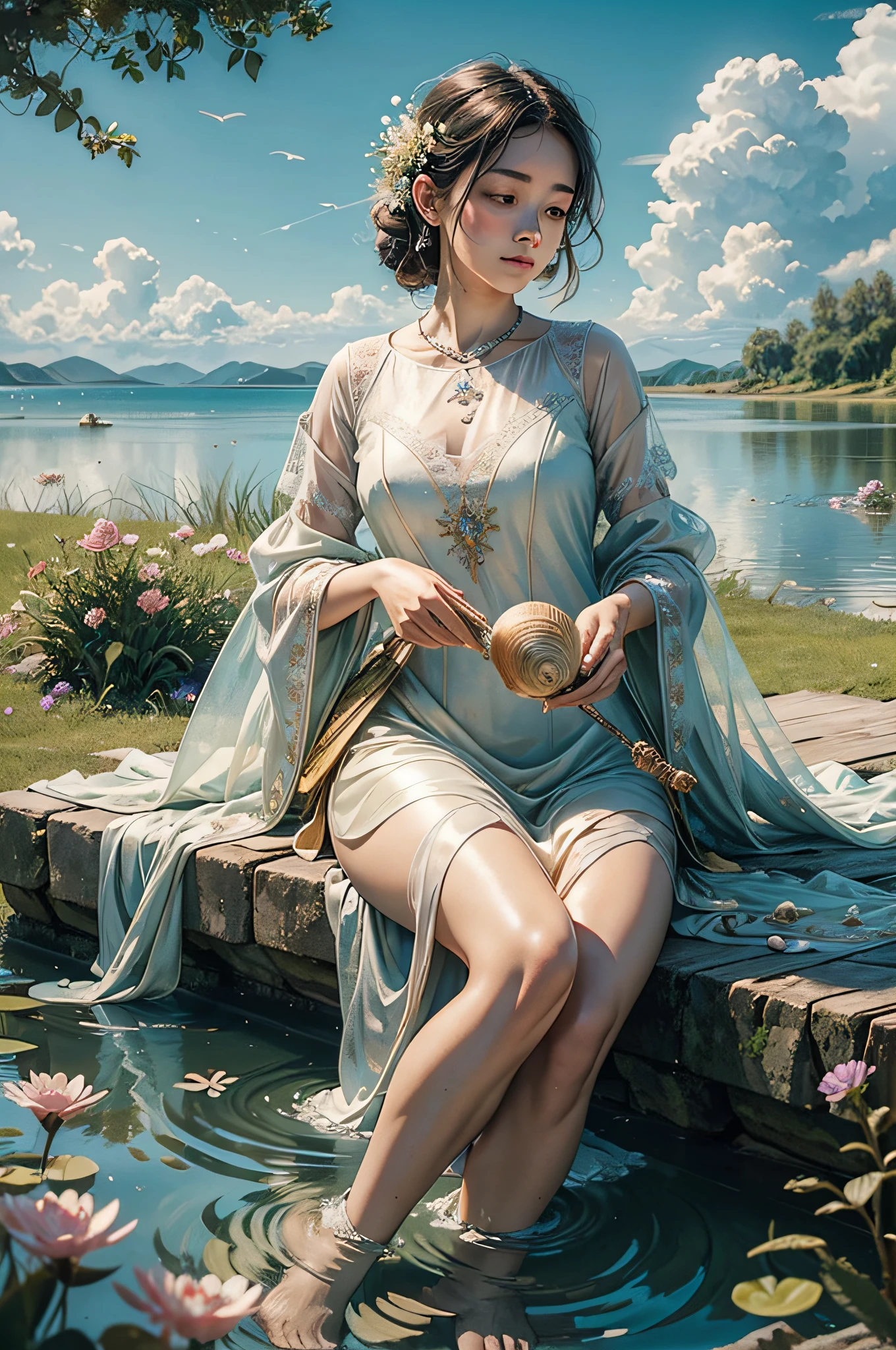 A realistic photograph showcasing the intricate craftsmanship of a seashell instrument, with its mother-of-pearl surface shimmering like a tranquil pond. Surrounding the instrument, a lush field of wildflowers stretches to the horizon, their vibrant petals dancing in the gentle breeze.