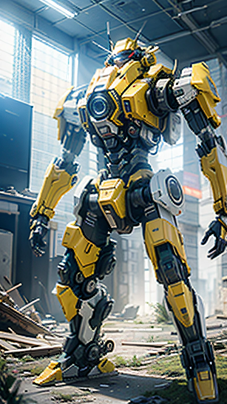 ((Best Quality)), ((Masterpiece)), (Very Detailed:1.3), 3D, Shitu-mecha, Beautiful cyberpunk man with her mech in the ruins of a city in the forgotten war, Ancient technology, HDR (High Dynamic Range), ray tracing, NVIDIA RTX, Super Resolution, Unreal 5, Subsurface Scattering, PBR Texture, Post Processing, Anisotropic Filtering, Depth of Field, Maximum Sharpness and Acutance, Multilayer Texture, Albedo and Highlight Mapping, Surface Shading, Accurate simulation of light-material interactions, perfect proportions, octane rendering, duotone lighting, low ISO, white balance, rule of thirds, wide aperture, 8K RAW, efficient sub-pixels, subpixel convolution, luminescent particles, light scattering, Tyndall effect