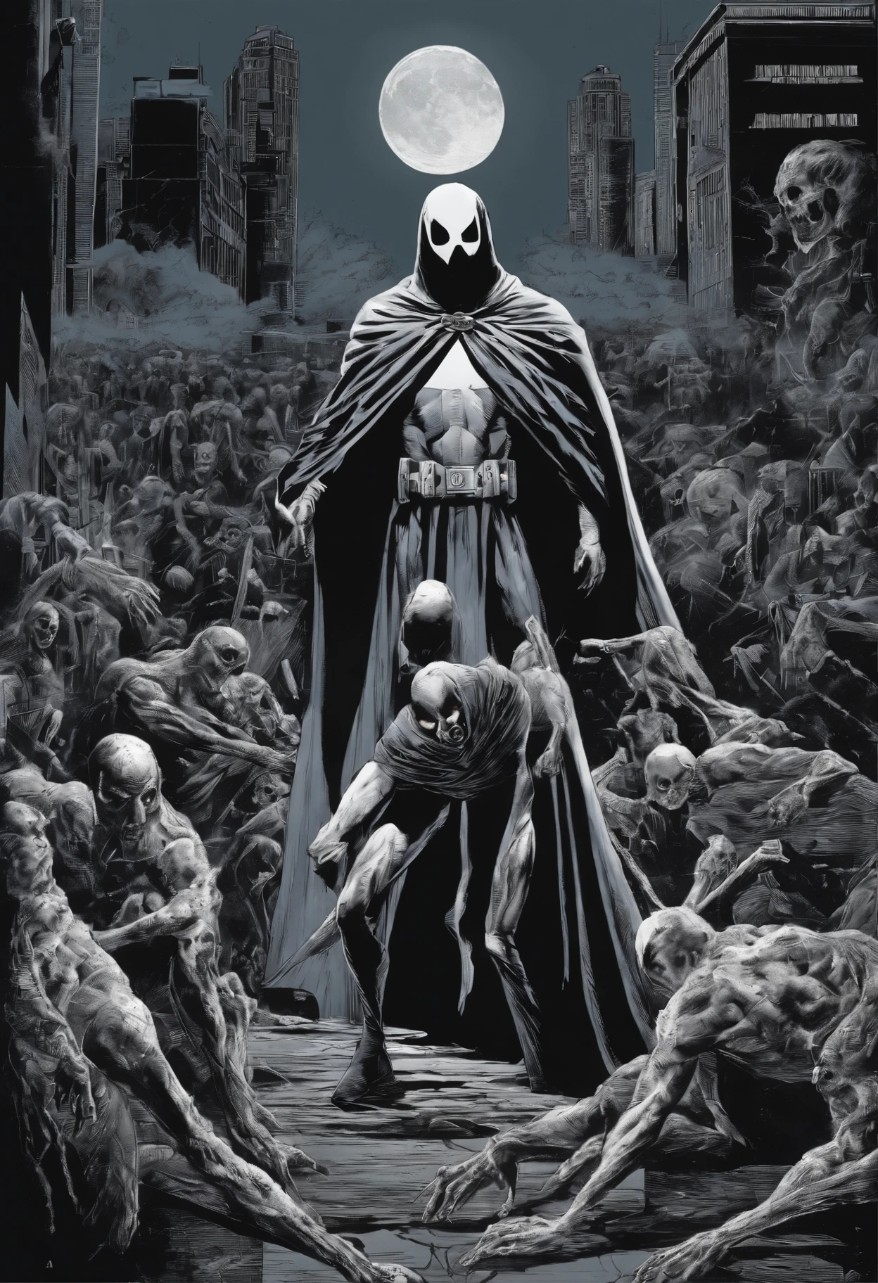 an image of a comic book cover, moon knight, female moon knight, phantom ghosts in the background, the shadow, valiant comics, spectres, comic book's cover, splash comics, shadowy informant, kamen rider ghost, comic cover art, as a panel of a marvel comic, 1 9 7 0 s comic book, white mask, spectres of the night