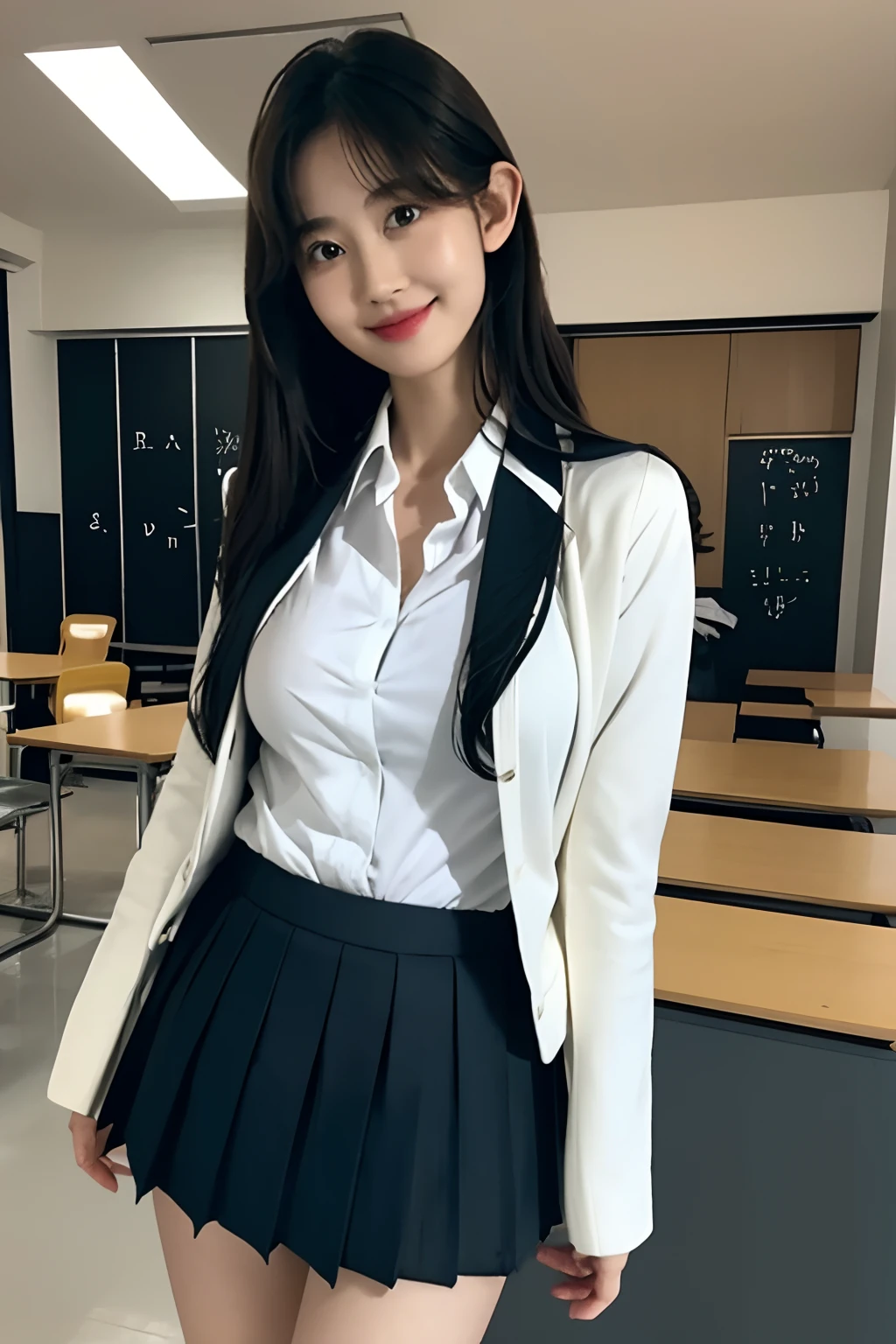 skirt lift、Large breasts、Smirk、School uniform、 Blazer、 Cardigan、 Jacket、 Long sleeves、 Pleated skirt、 White shirt、