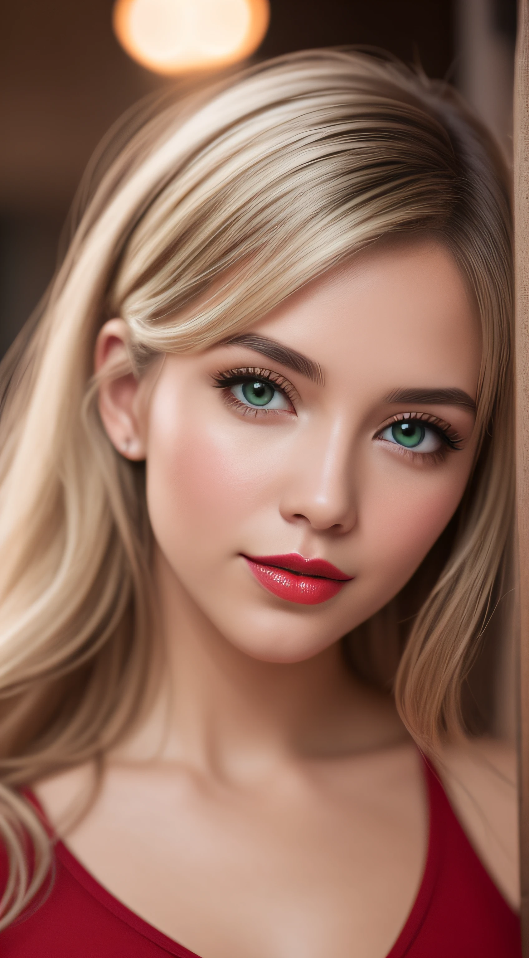 A young and beautiful woman, coiffed blonde hair,Gently drop to your shoulders in waves, Medium Tall, Big green eyes, with fair skin, She was in her pajamas, She was in bed, Do hair care before bedtime, The environment is illuminated by warm and pleasant lights,Make your hair sparkle, His face was naturally serene, Lips with red lipstick, 8K texture, highly detailed, realisticlying, Soft cinematic light, hdr, sharp fokus, tmasterpiece, Fotor is realistic, Award-winning photography, a Canon EOS R5, 35 mm