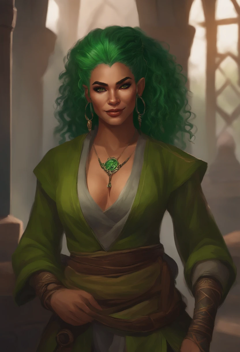 Green female half-orc, in monk clothes, tattoos on her arms, pretty, slender, intimidating smile, a cat's tail, big green hair, art style of manhwas like solo leveling