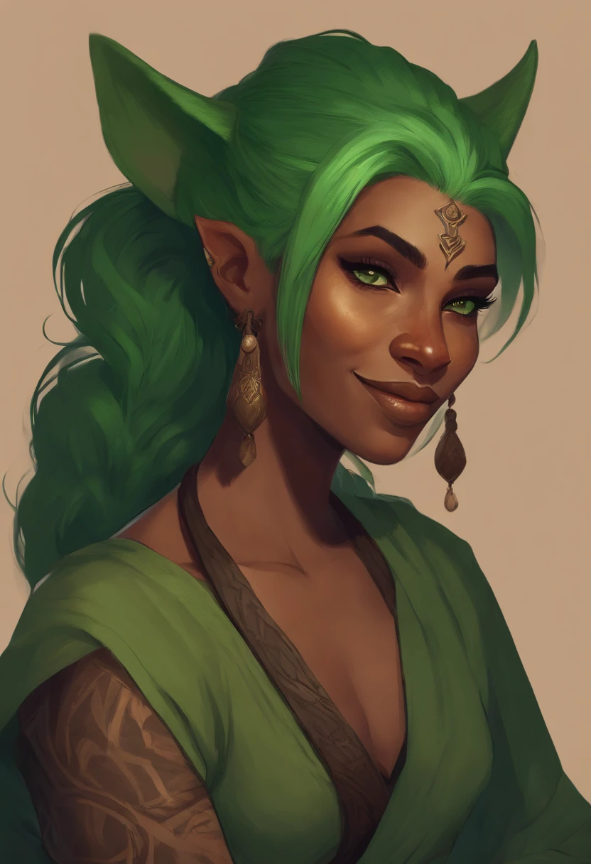 Green female half-orc, in monk clothes, tattoos on her arms, pretty, slender, intimidating smile, a cat's tail, big green hair, art style of manhwas like solo leveling
