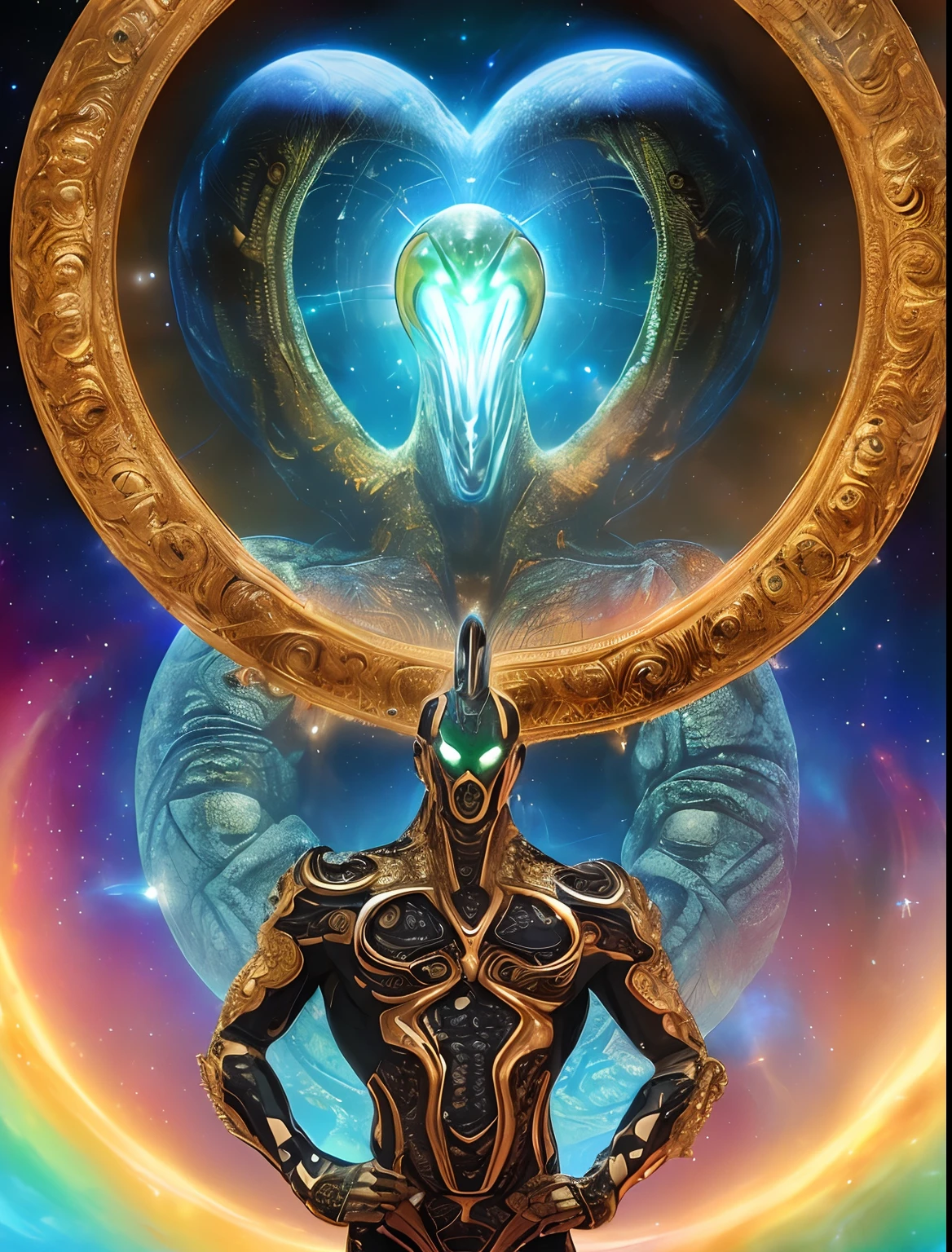 Terrifying alien space monster with gold and silver skin,holding a cane with red,verde,Diamantes naranjas y azules,futuristic,((masculino,cuerpo completo)),Arte de Boris Vallejo,h.r. Giger y Julie Bell,((Arte ultrahiperrealista,elegante,Bellas Artes)),((hiperdetallado,obra maestra,32K,Ultra HD.)).