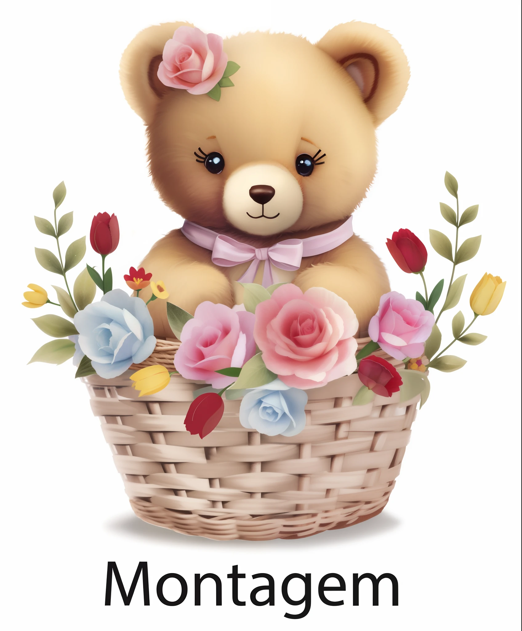 There's a teddy bear sitting in a basket with flowers, mulher bonito, vista ampla, menina bonito, Telegrama Sticker, Directed by: Martina Krupičková, Cottagecore, floral, teddy bear, then, urso em miniatura, Monógono, caixa, Humor quente, Fanart, design de adesivo do telegrama, so cute, fofura, bouquet, Argentina