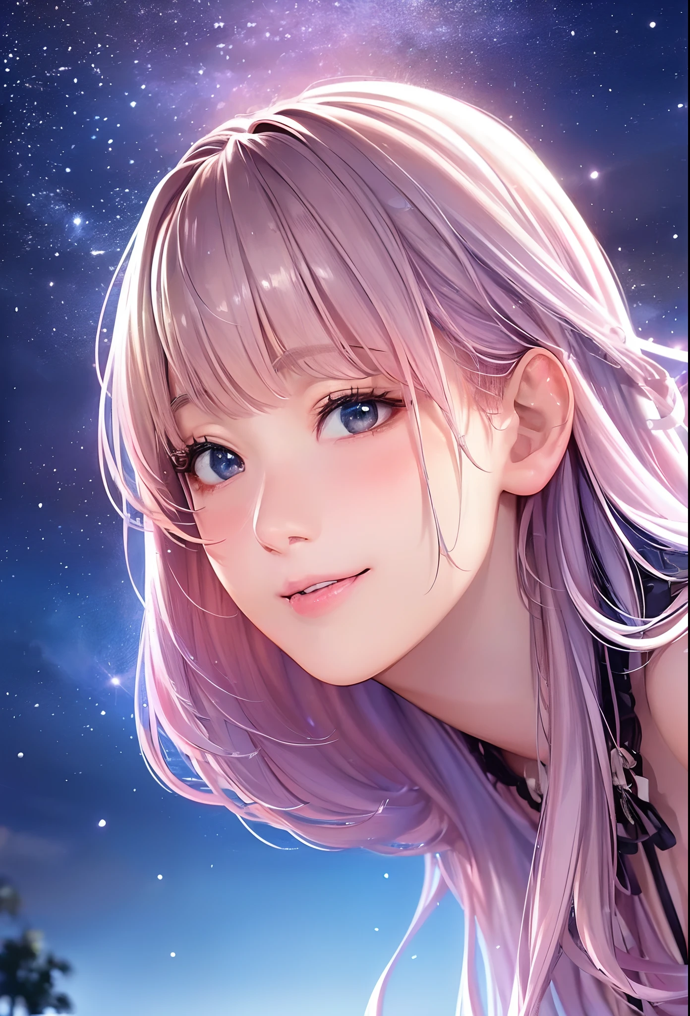 (8K, Best Quality, masutepiece:1.2), (Realistic, Photorealsitic:1.37), Ultra-detailed, 1 girl,Cute, Solo,Midnight,Beautiful detailed sky,Detailed Cafe,Sitting,Dating,(nose blush),(Smile:1.15),(Closed mouth) Small breasts,Beautiful detailed eyes,Floating Hair NovaFrogStyle,Pink dress