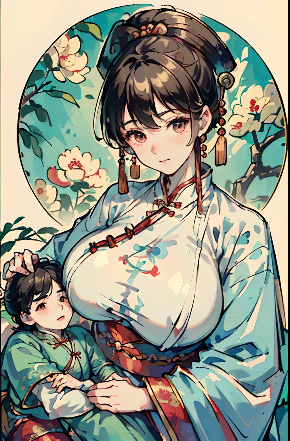 China　Black-haired princess　（儀modeで妊娠させられる）　Pregnant women　blush　　Functionality　shiny red long sleeve clothes　hanbok　　milking　Mother　Breast milk　child　mode