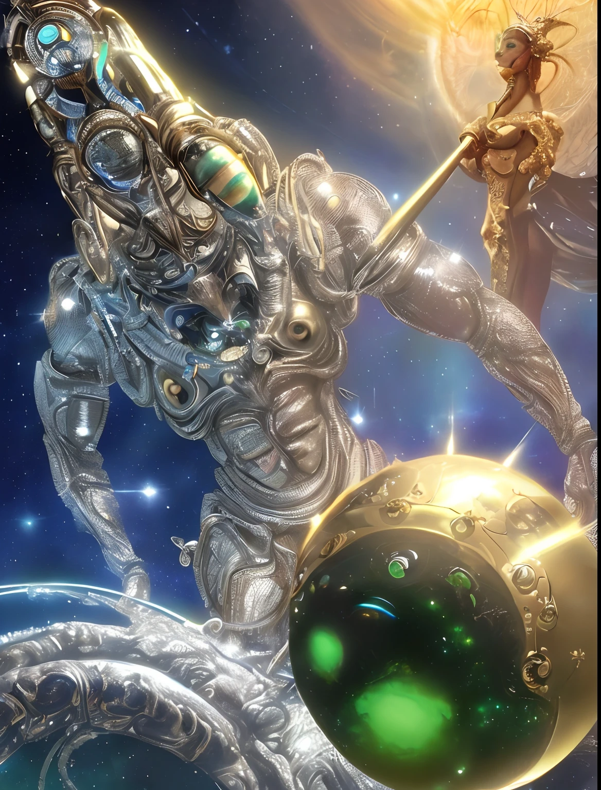 Terrifying alien space monster with gold and silver skin,holding a cane with red,verde,Diamantes naranjas y azules,futuristic,((masculino,cuerpo completo)),Arte de Boris Vallejo,h.r. Giger y Julie Bell,((Arte ultrahiperrealista,elegante,Bellas Artes)),((hiperdetallado,obra maestra,32K,Ultra HD.)).