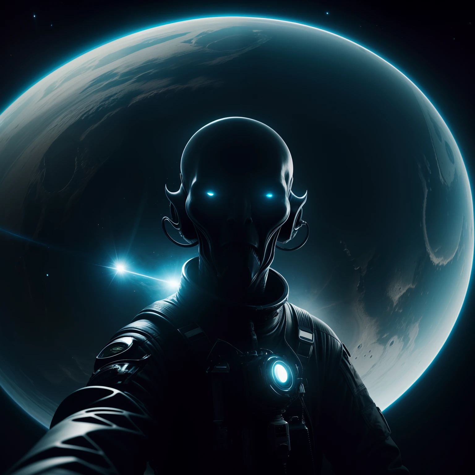 Selfie POV, Lovecraft alien god taking selfie in space , Cinematic, ultra-realistic, high contrast, high resolution, 8K, OLED